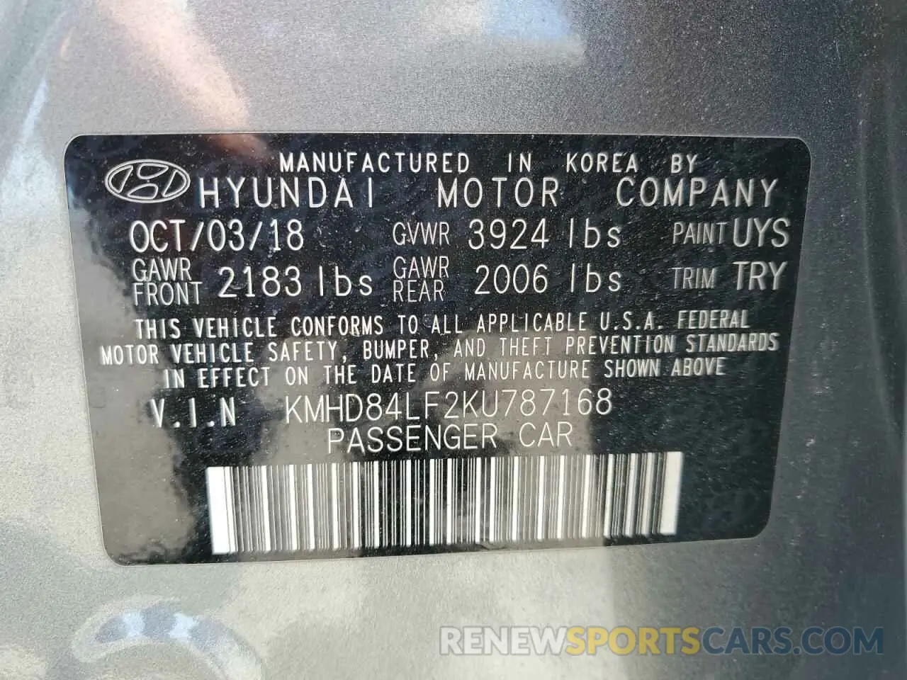 12 fotografías del automóvil dañado KMHD84LF2KU787168 HYUNDAI ELANTRA 2019