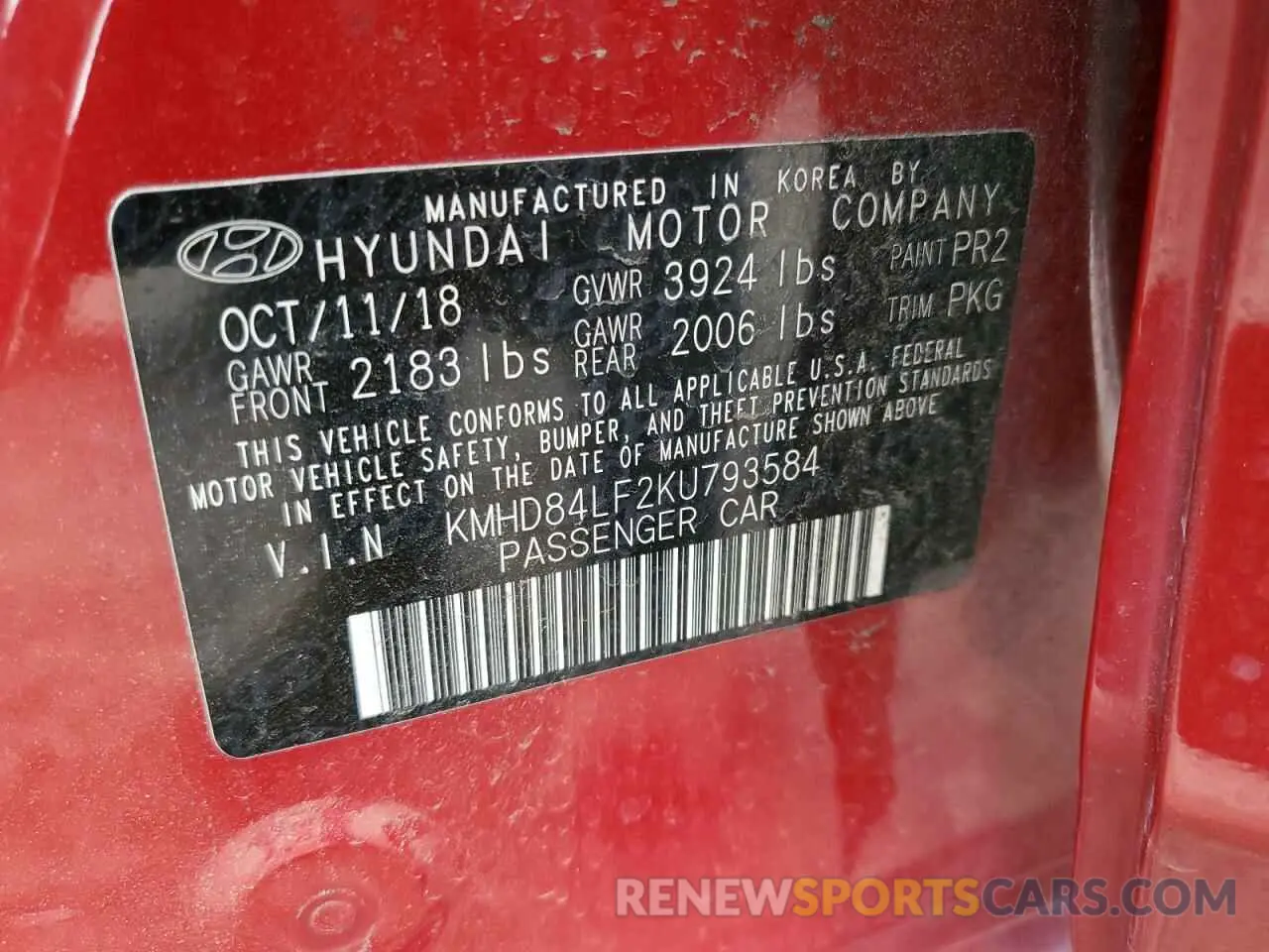 15 fotografías del automóvil dañado KMHD84LF2KU793584 HYUNDAI ELANTRA 2019