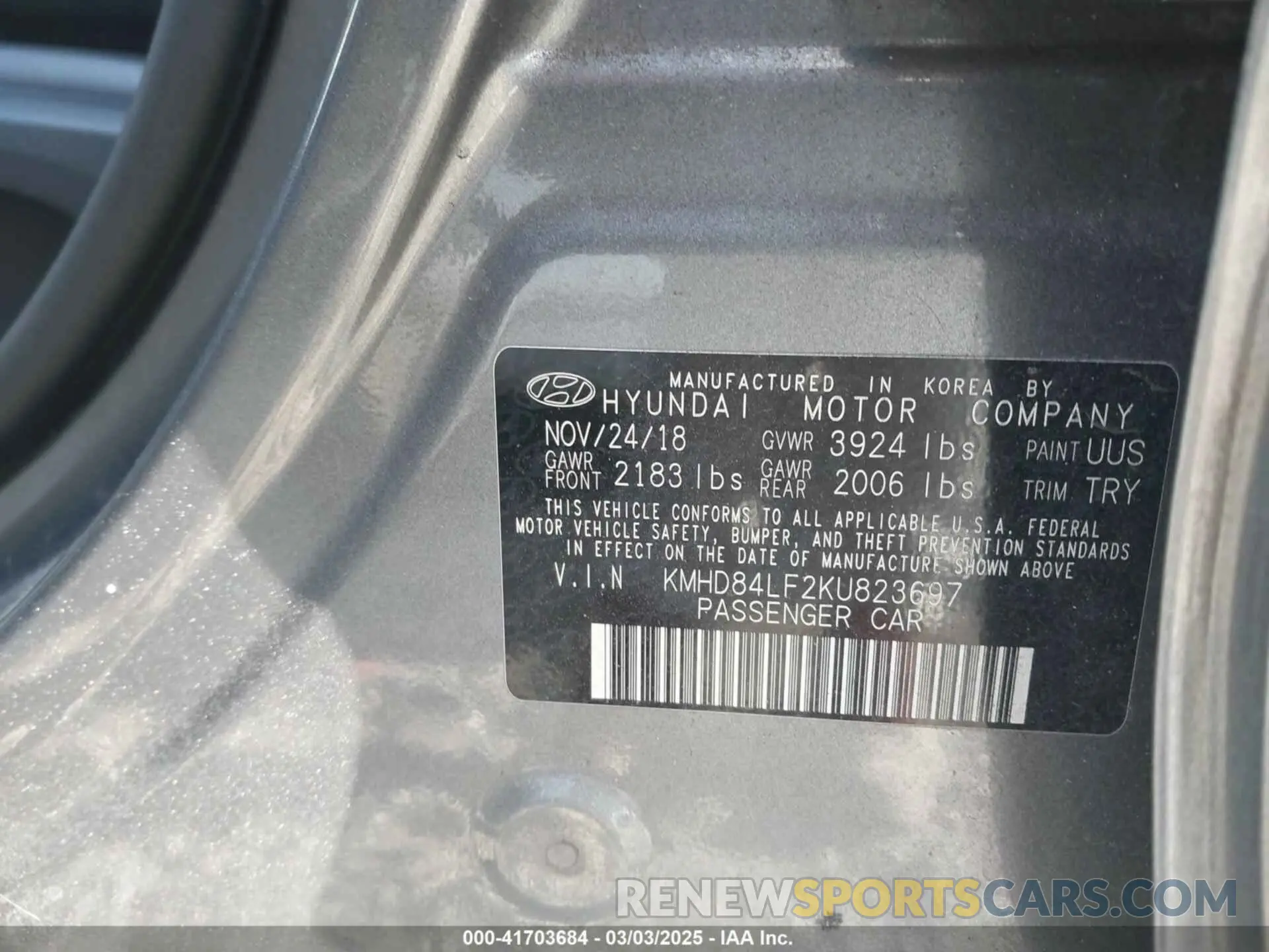 9 fotografías del automóvil dañado KMHD84LF2KU823697 HYUNDAI ELANTRA 2019