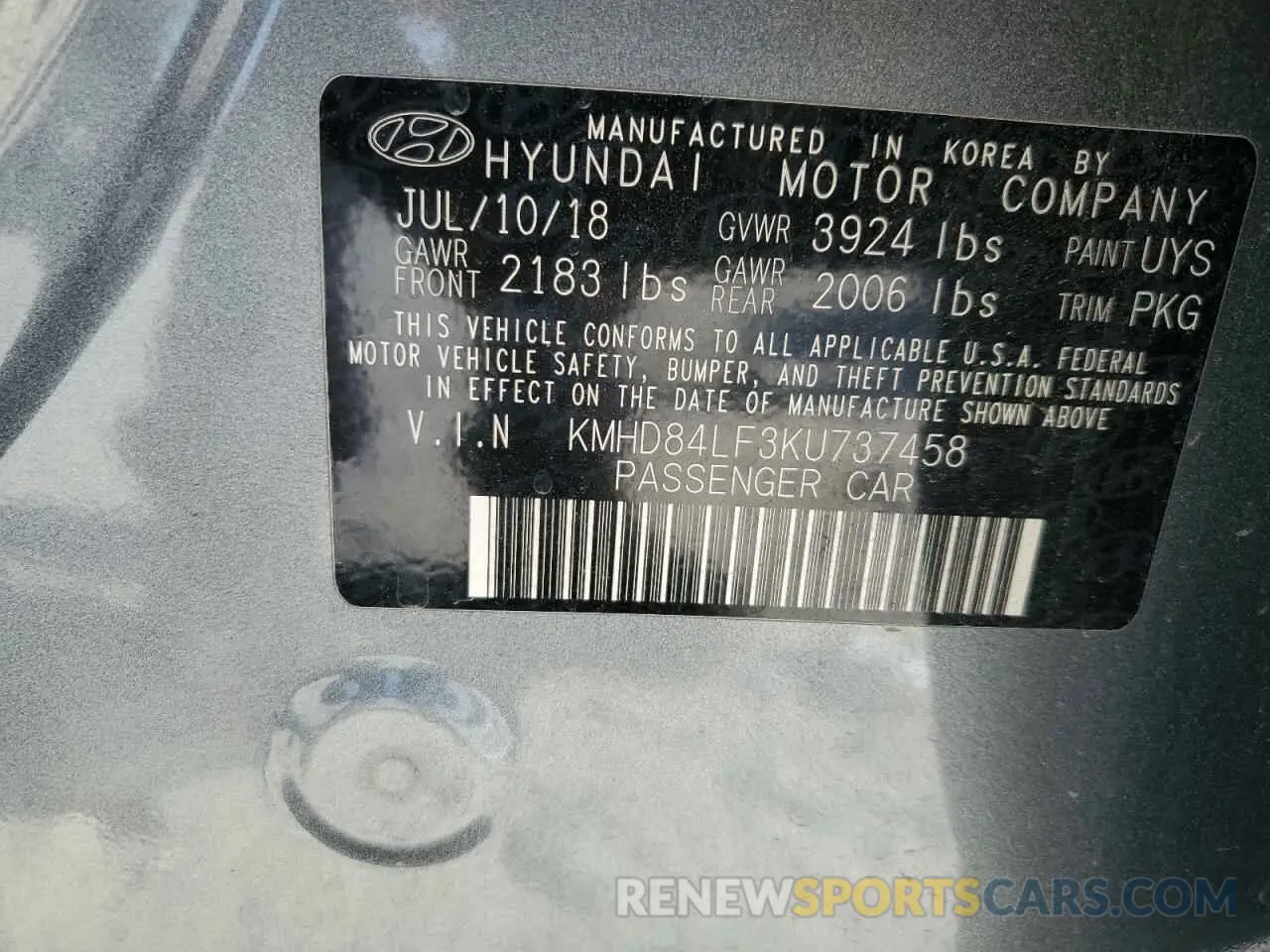 13 fotografías del automóvil dañado KMHD84LF3KU737458 HYUNDAI ELANTRA 2019