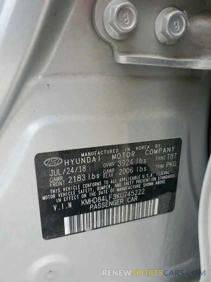 12 fotografías del automóvil dañado KMHD84LF3KU745222 HYUNDAI ELANTRA 2019