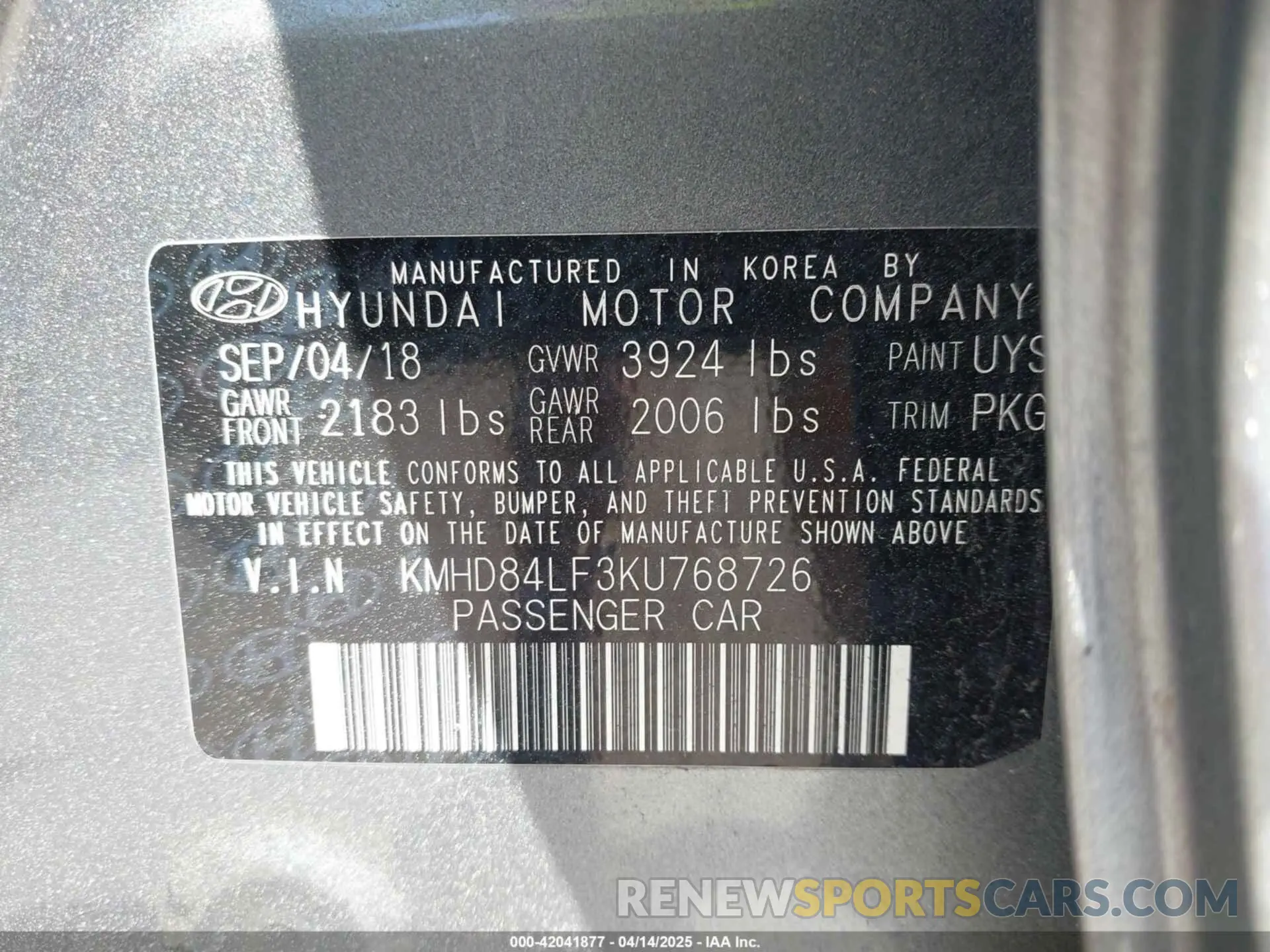 9 fotografías del automóvil dañado KMHD84LF3KU768726 HYUNDAI ELANTRA 2019