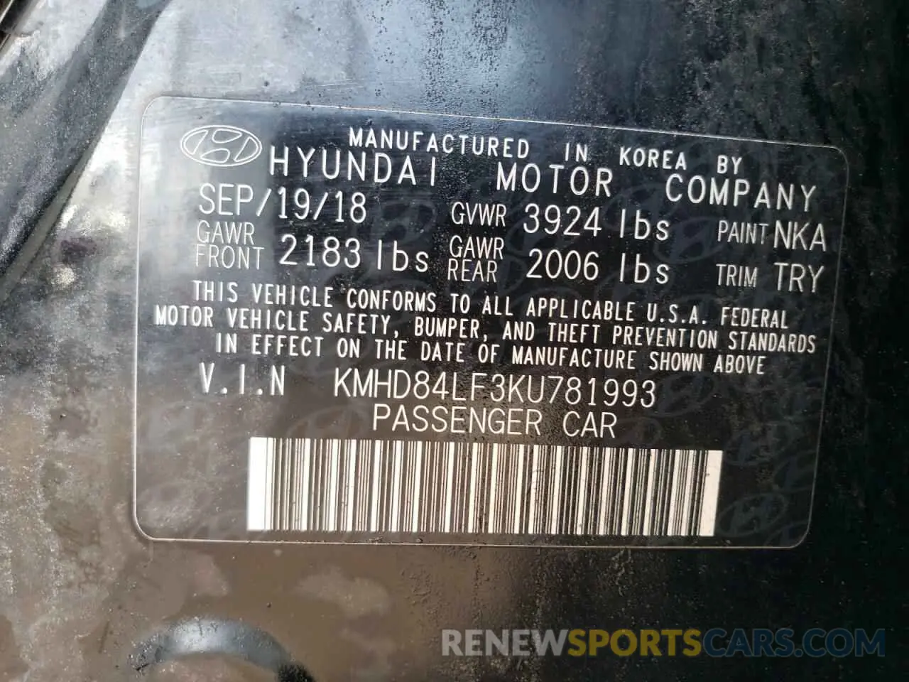 12 fotografías del automóvil dañado KMHD84LF3KU781993 HYUNDAI ELANTRA 2019