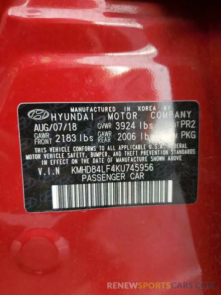 12 fotografías del automóvil dañado KMHD84LF4KU745956 HYUNDAI ELANTRA 2019