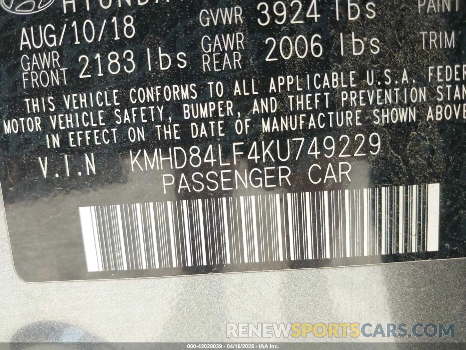 9 fotografías del automóvil dañado KMHD84LF4KU749229 HYUNDAI ELANTRA 2019