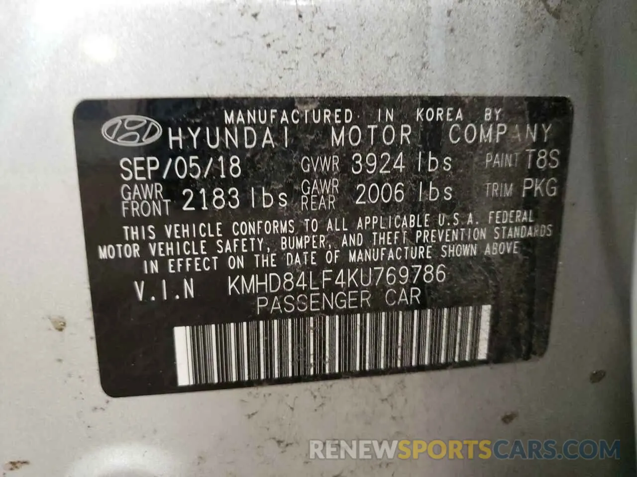 12 fotografías del automóvil dañado KMHD84LF4KU769786 HYUNDAI ELANTRA 2019