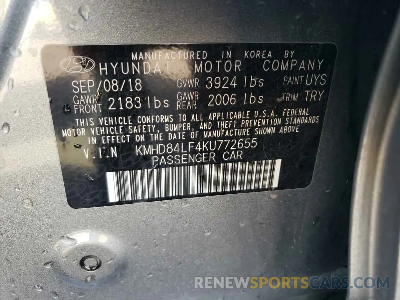 12 fotografías del automóvil dañado KMHD84LF4KU772655 HYUNDAI ELANTRA 2019