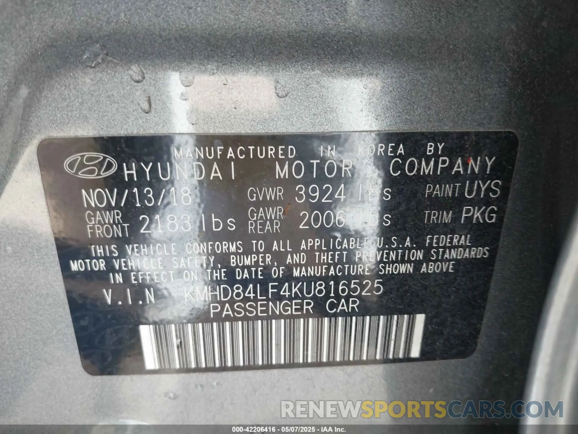 9 fotografías del automóvil dañado KMHD84LF4KU816525 HYUNDAI ELANTRA 2019