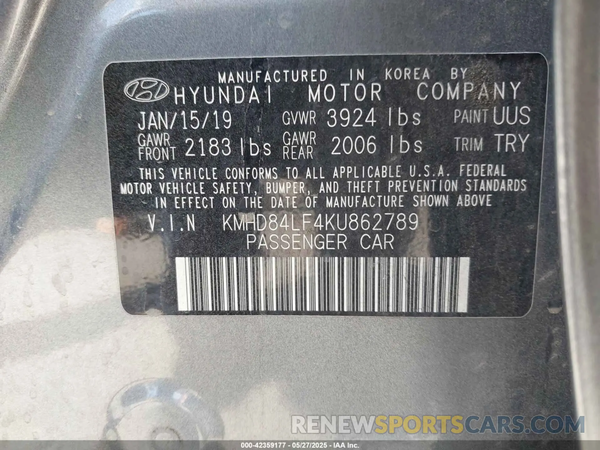 9 fotografías del automóvil dañado KMHD84LF4KU862789 HYUNDAI ELANTRA 2019