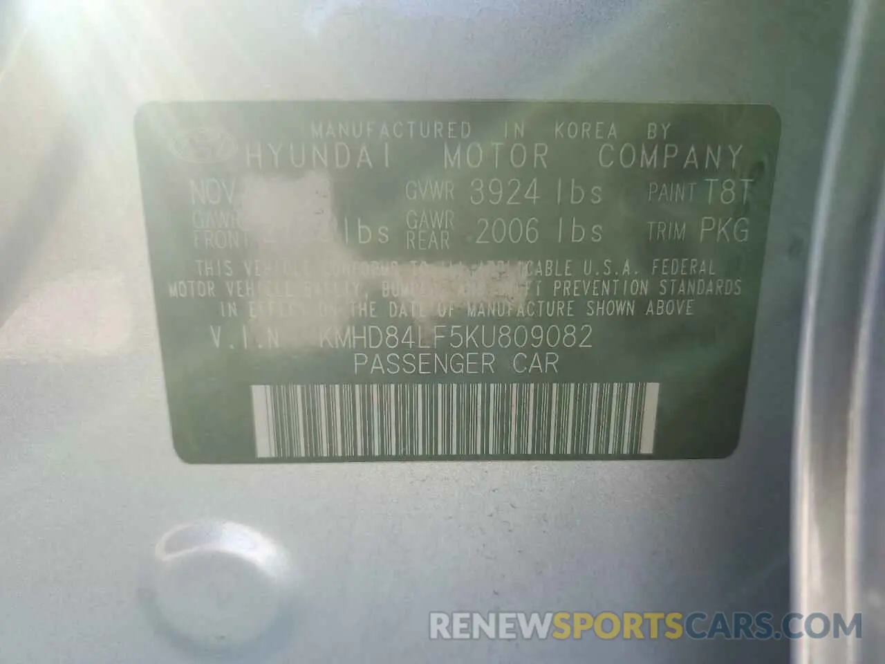 14 fotografías del automóvil dañado KMHD84LF5KU809082 HYUNDAI ELANTRA 2019