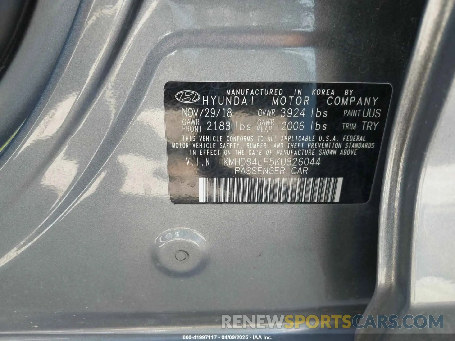 9 fotografías del automóvil dañado KMHD84LF5KU826044 HYUNDAI ELANTRA 2019