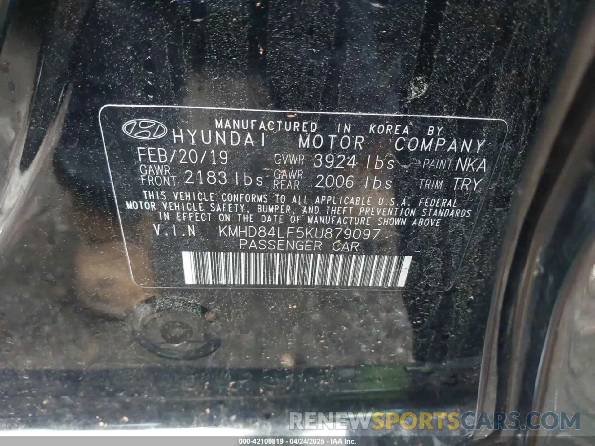 9 fotografías del automóvil dañado KMHD84LF5KU879097 HYUNDAI ELANTRA 2019