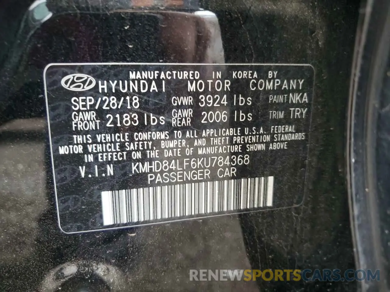 12 fotografías del automóvil dañado KMHD84LF6KU784368 HYUNDAI ELANTRA 2019