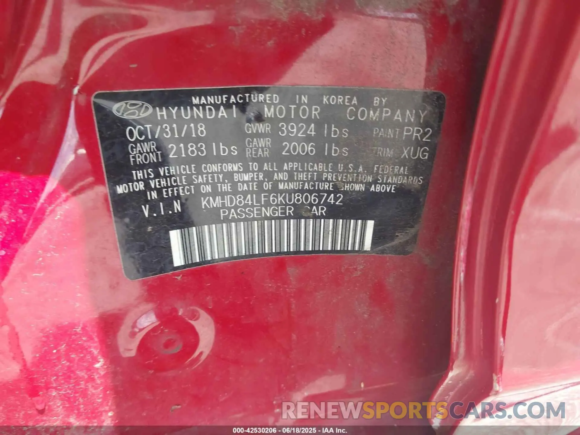 9 fotografías del automóvil dañado KMHD84LF6KU806742 HYUNDAI ELANTRA 2019