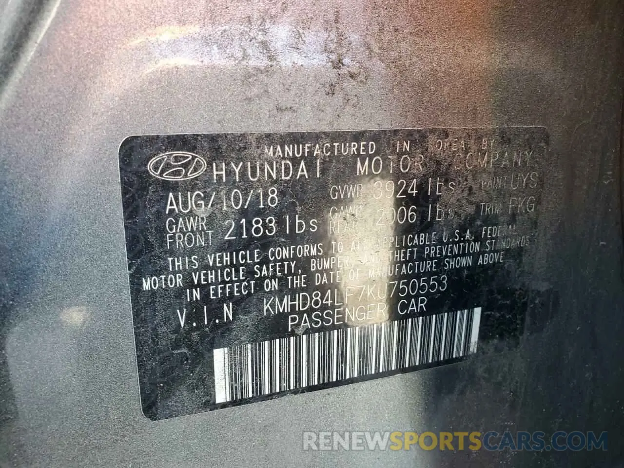 12 fotografías del automóvil dañado KMHD84LF7KU750553 HYUNDAI ELANTRA 2019