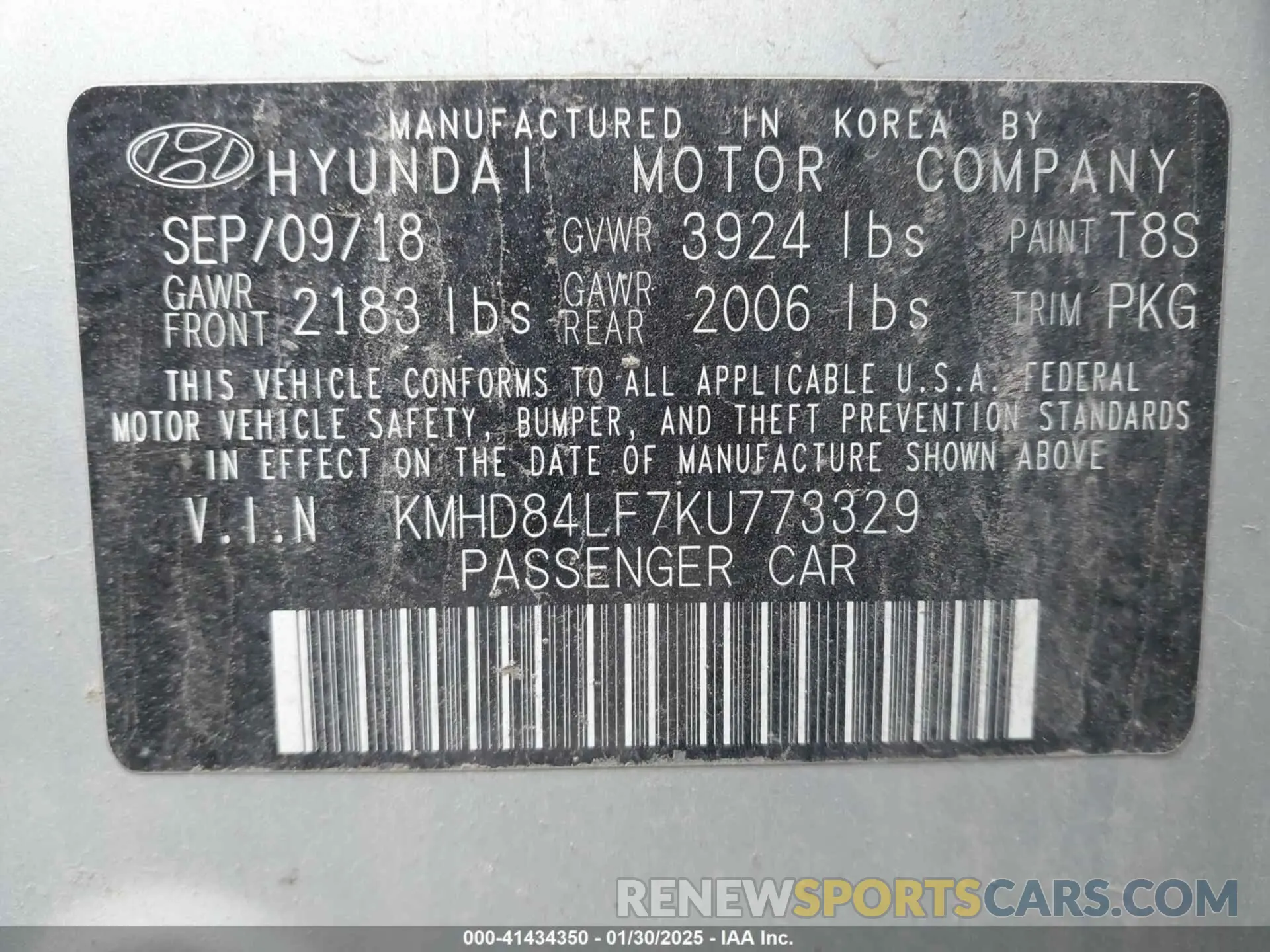 9 fotografías del automóvil dañado KMHD84LF7KU773329 HYUNDAI ELANTRA 2019