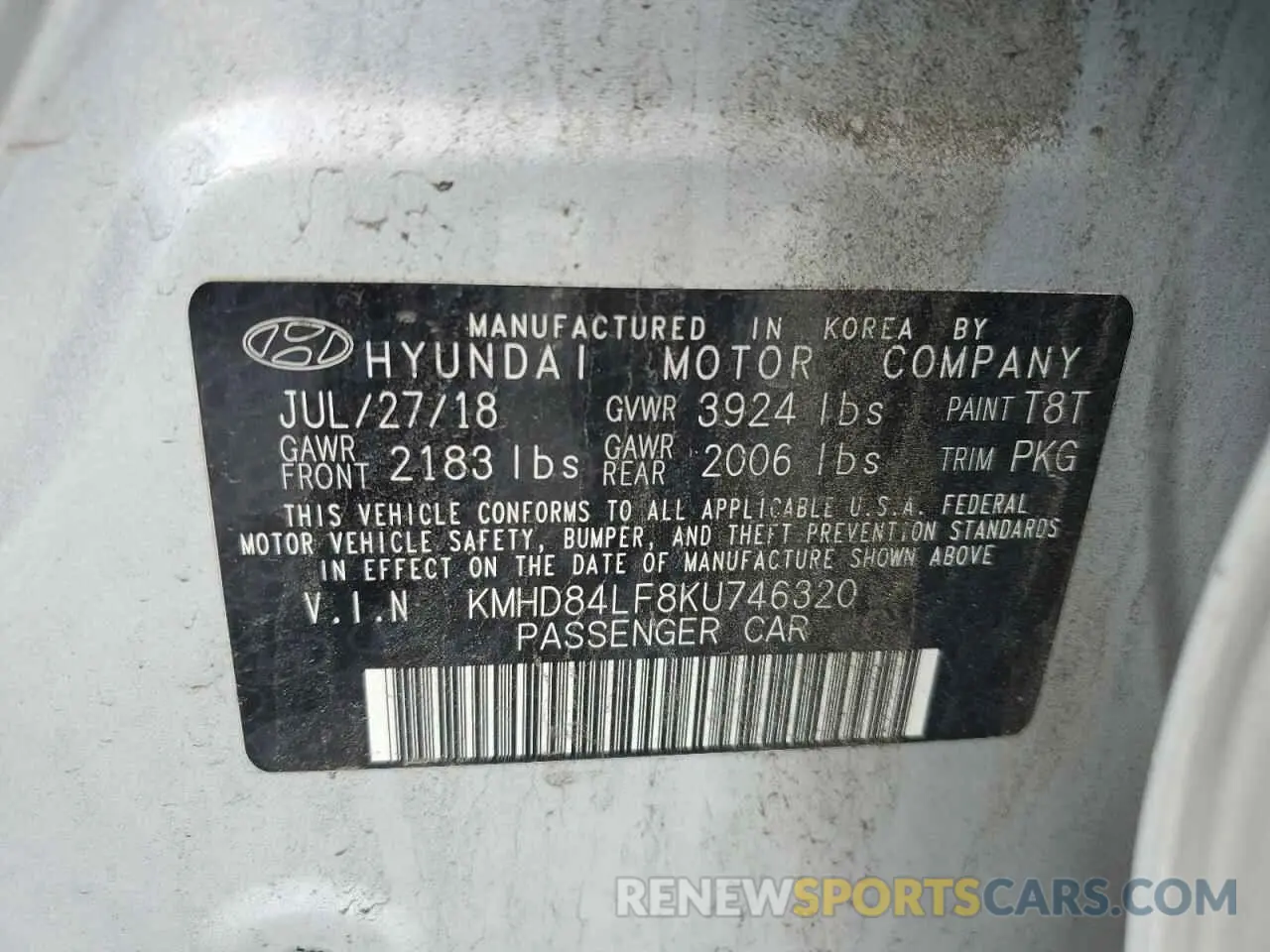 12 fotografías del automóvil dañado KMHD84LF8KU746320 HYUNDAI ELANTRA 2019