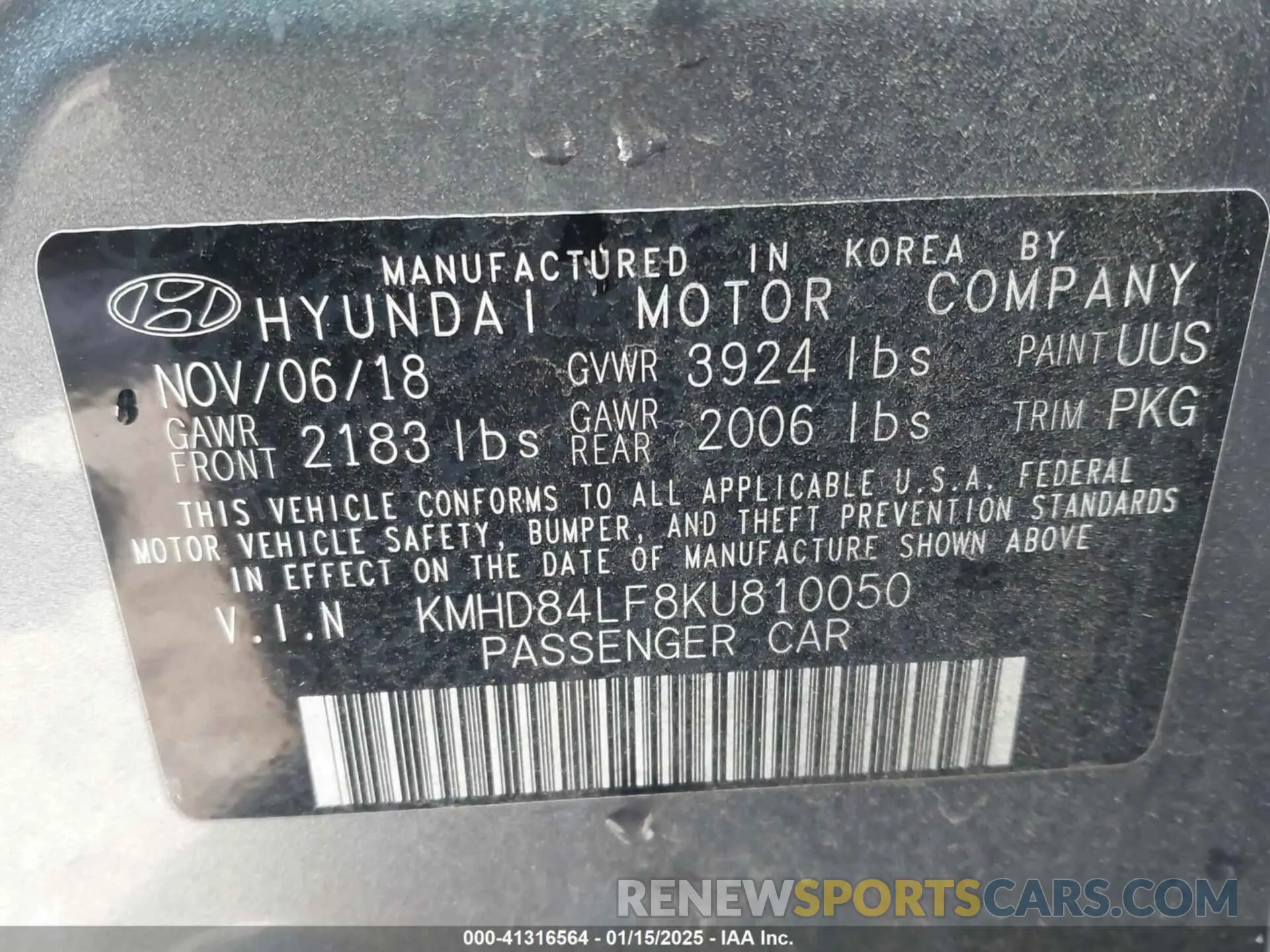 9 fotografías del automóvil dañado KMHD84LF8KU810050 HYUNDAI ELANTRA 2019