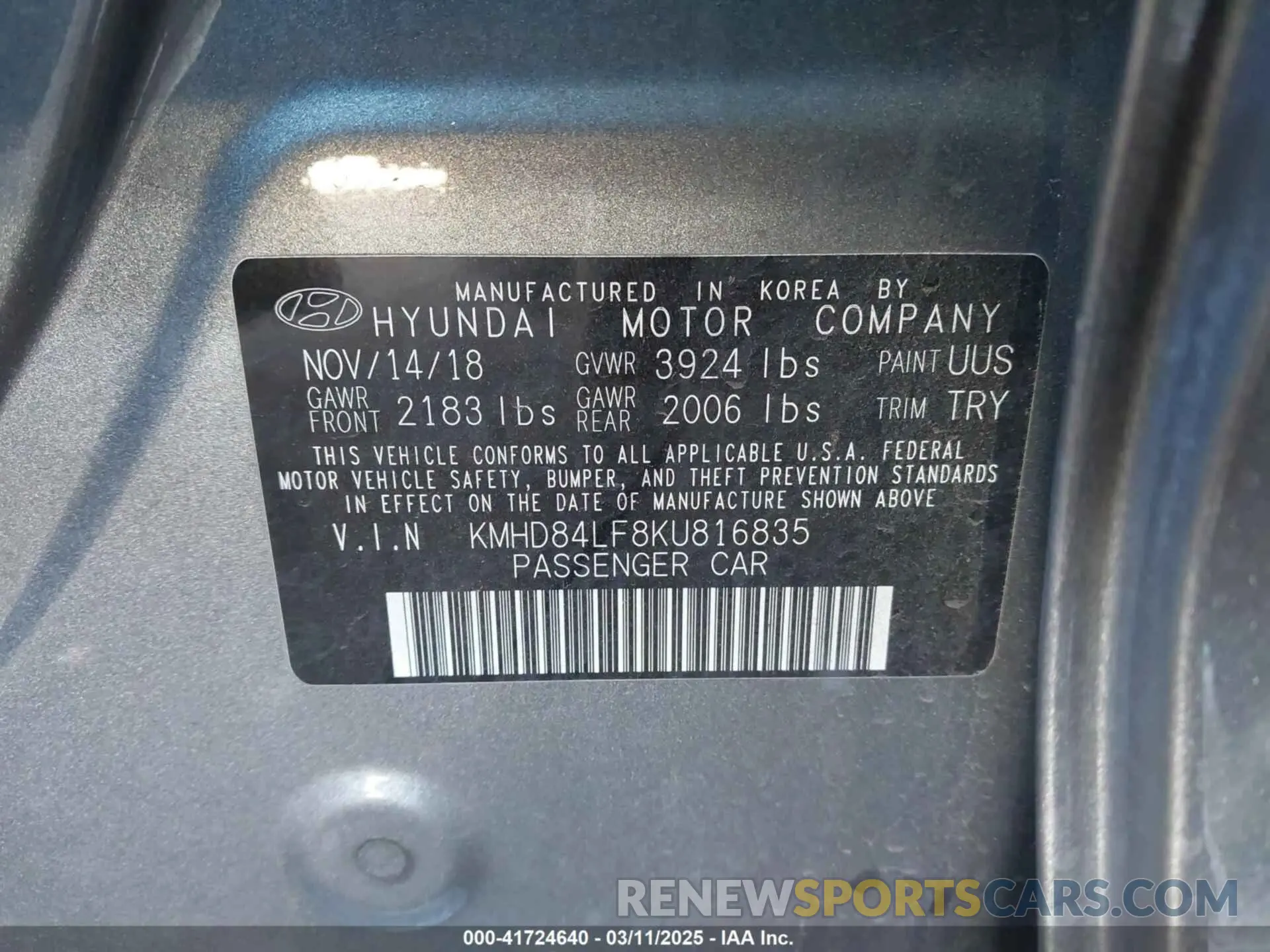 9 fotografías del automóvil dañado KMHD84LF8KU816835 HYUNDAI ELANTRA 2019