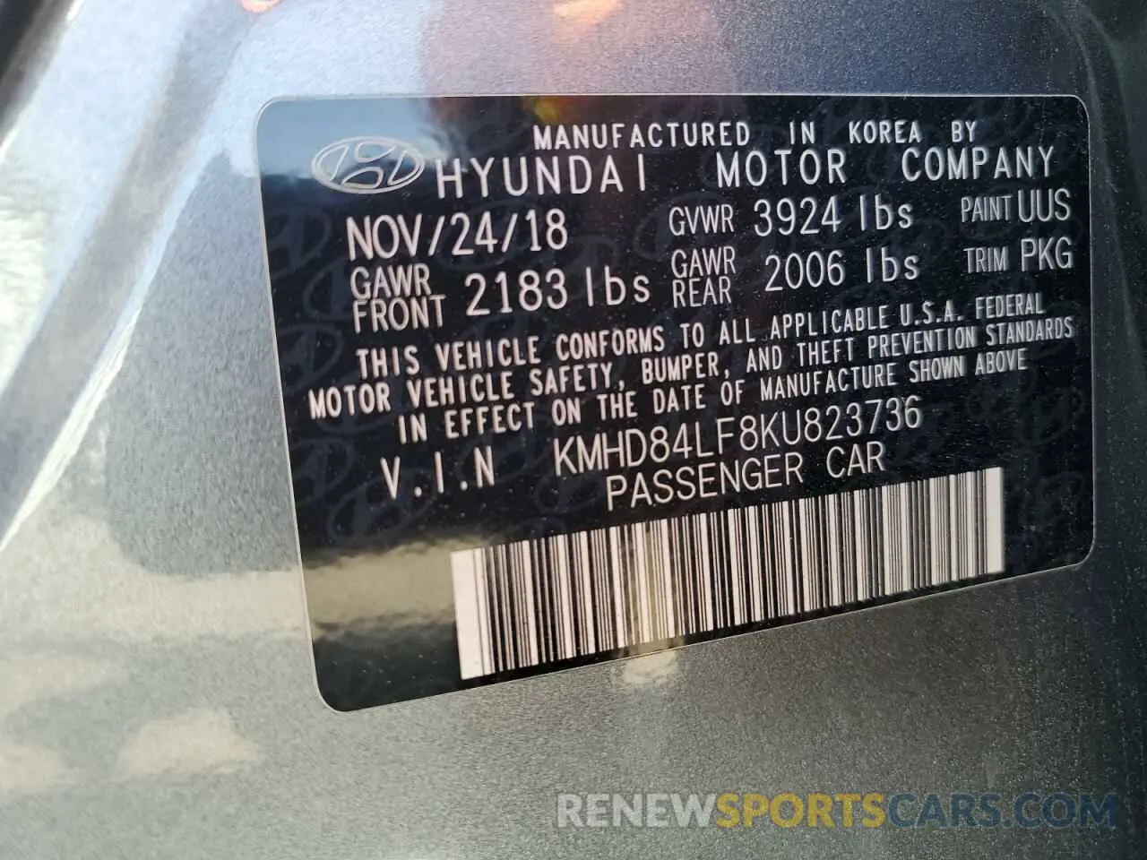 12 fotografías del automóvil dañado KMHD84LF8KU823736 HYUNDAI ELANTRA 2019