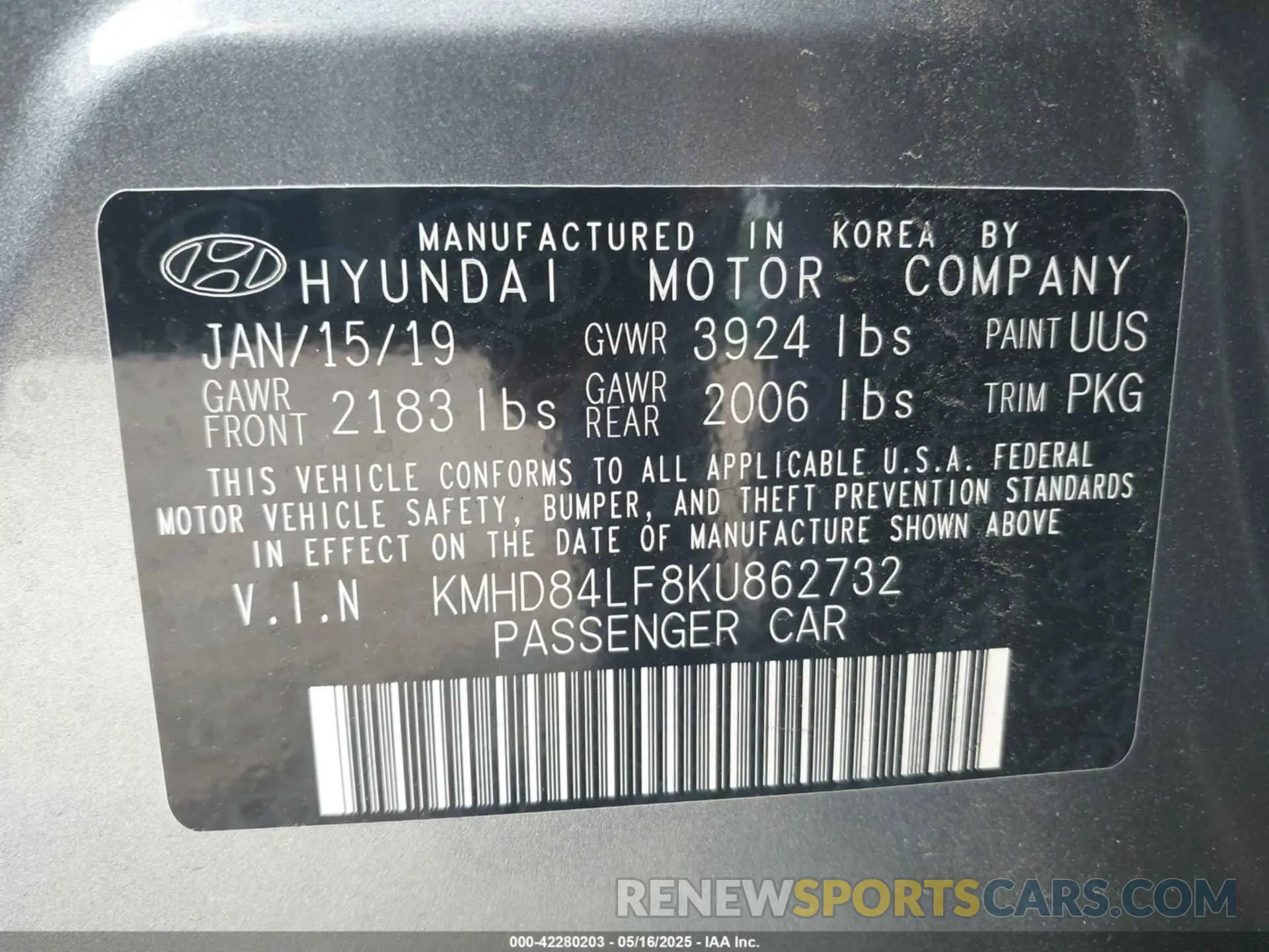 9 fotografías del automóvil dañado KMHD84LF8KU862732 HYUNDAI ELANTRA 2019