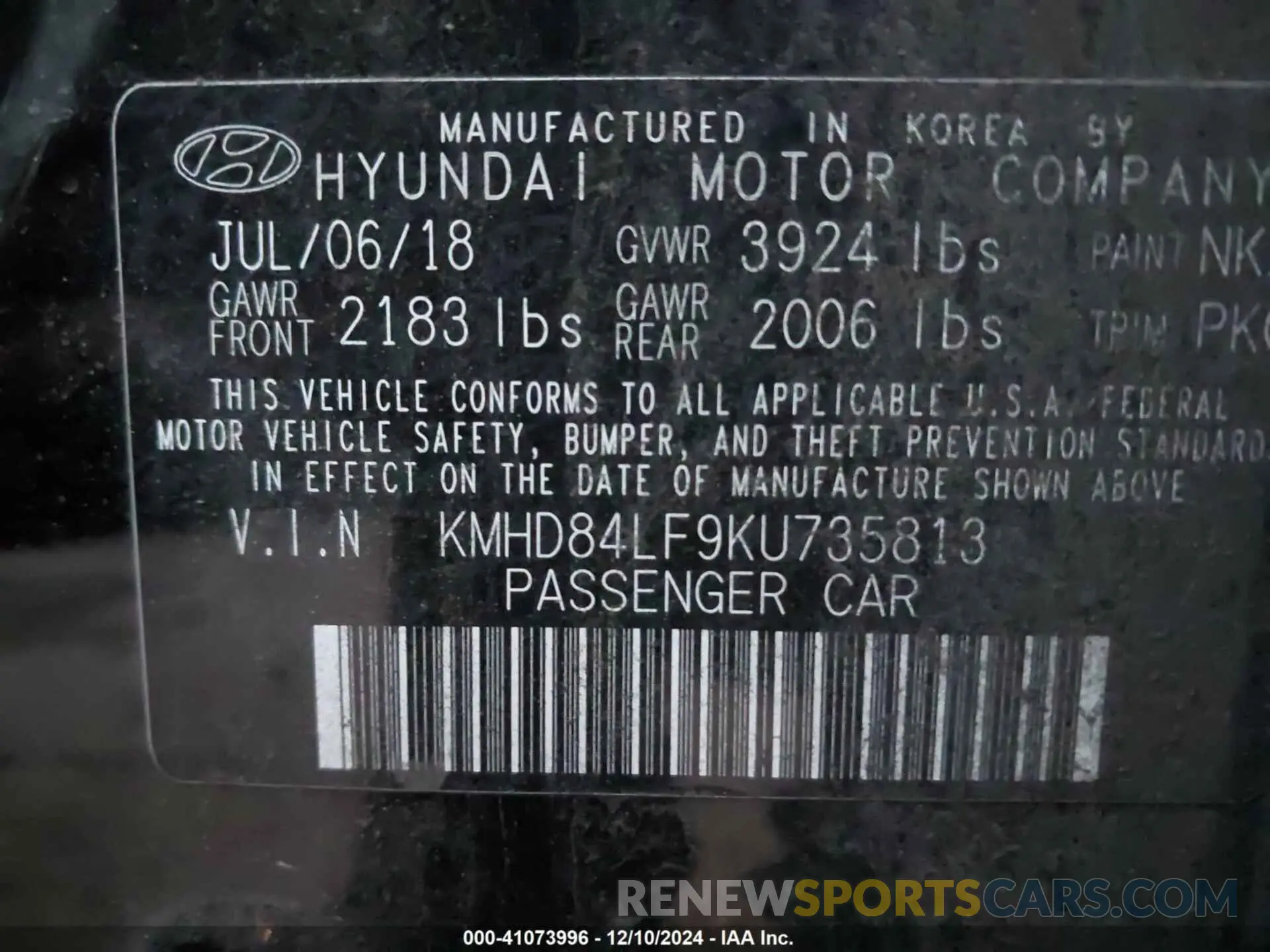 9 fotografías del automóvil dañado KMHD84LF9KU735813 HYUNDAI ELANTRA 2019
