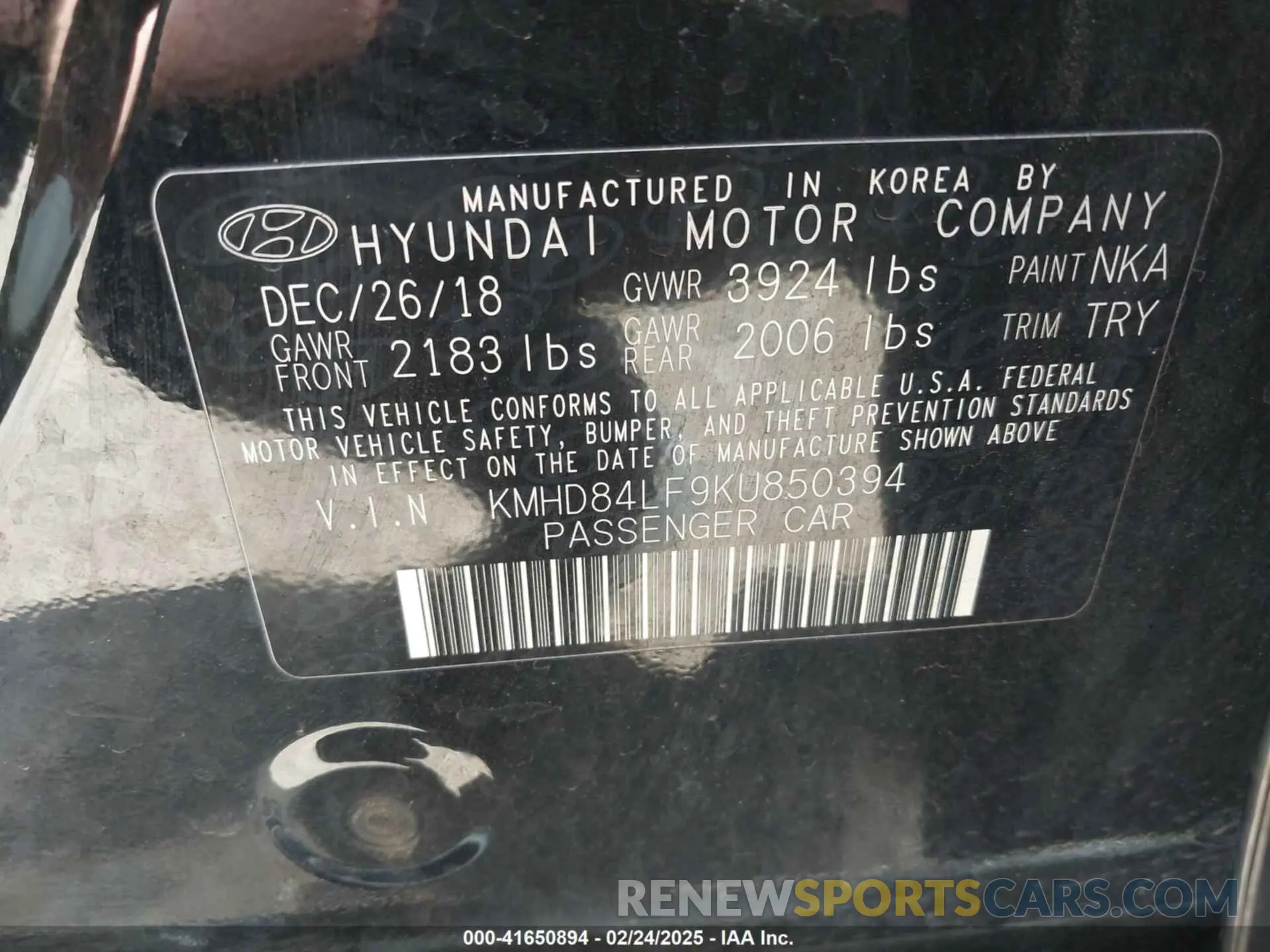 9 fotografías del automóvil dañado KMHD84LF9KU850394 HYUNDAI ELANTRA 2019