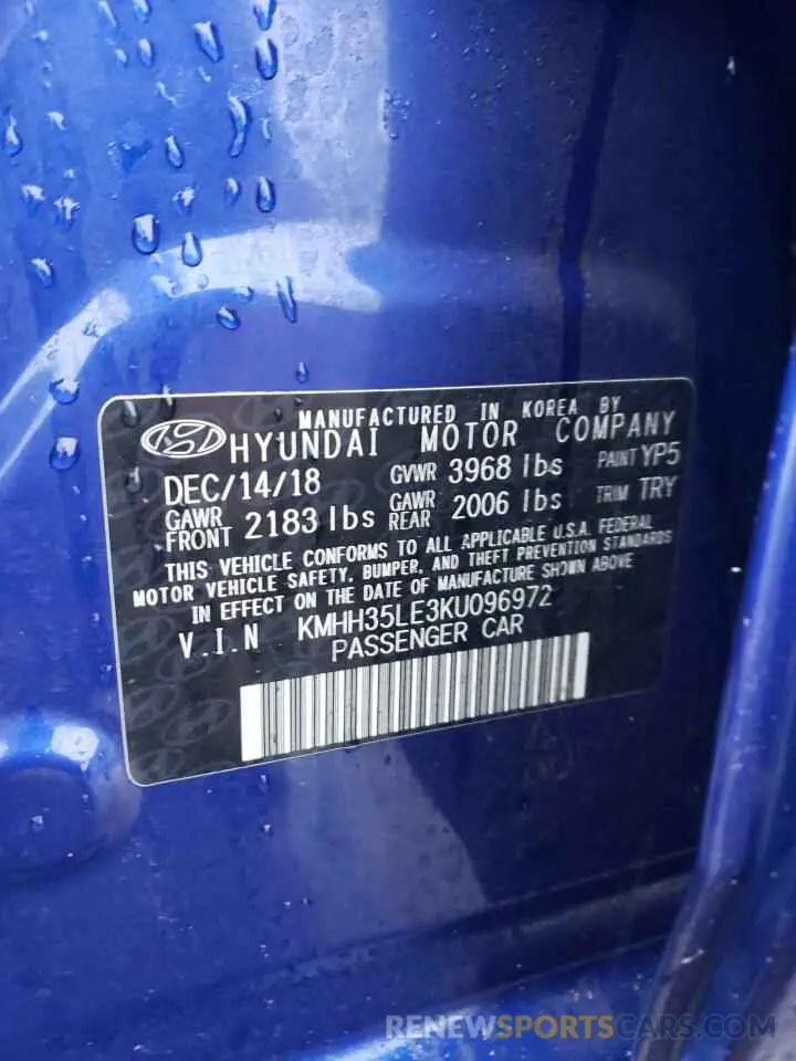 12 fotografías del automóvil dañado KMHH35LE3KU096972 HYUNDAI ELANTRA 2019