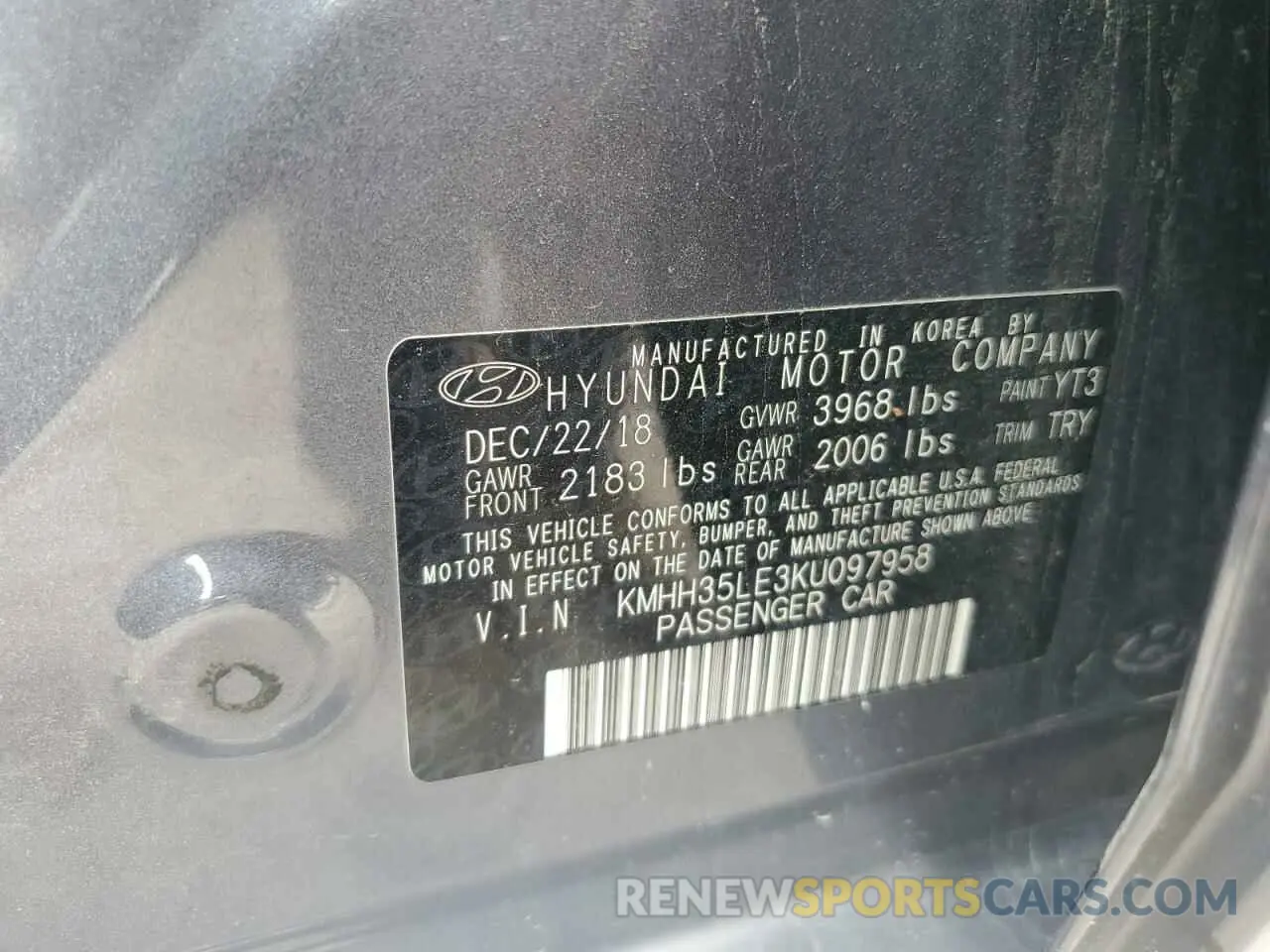 13 fotografías del automóvil dañado KMHH35LE3KU097958 HYUNDAI ELANTRA 2019