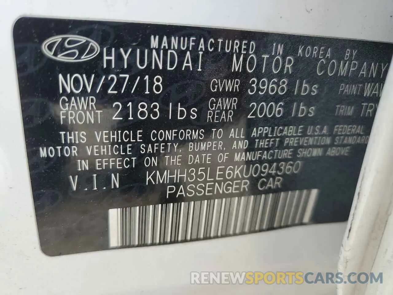 12 fotografías del automóvil dañado KMHH35LE6KU094360 HYUNDAI ELANTRA 2019