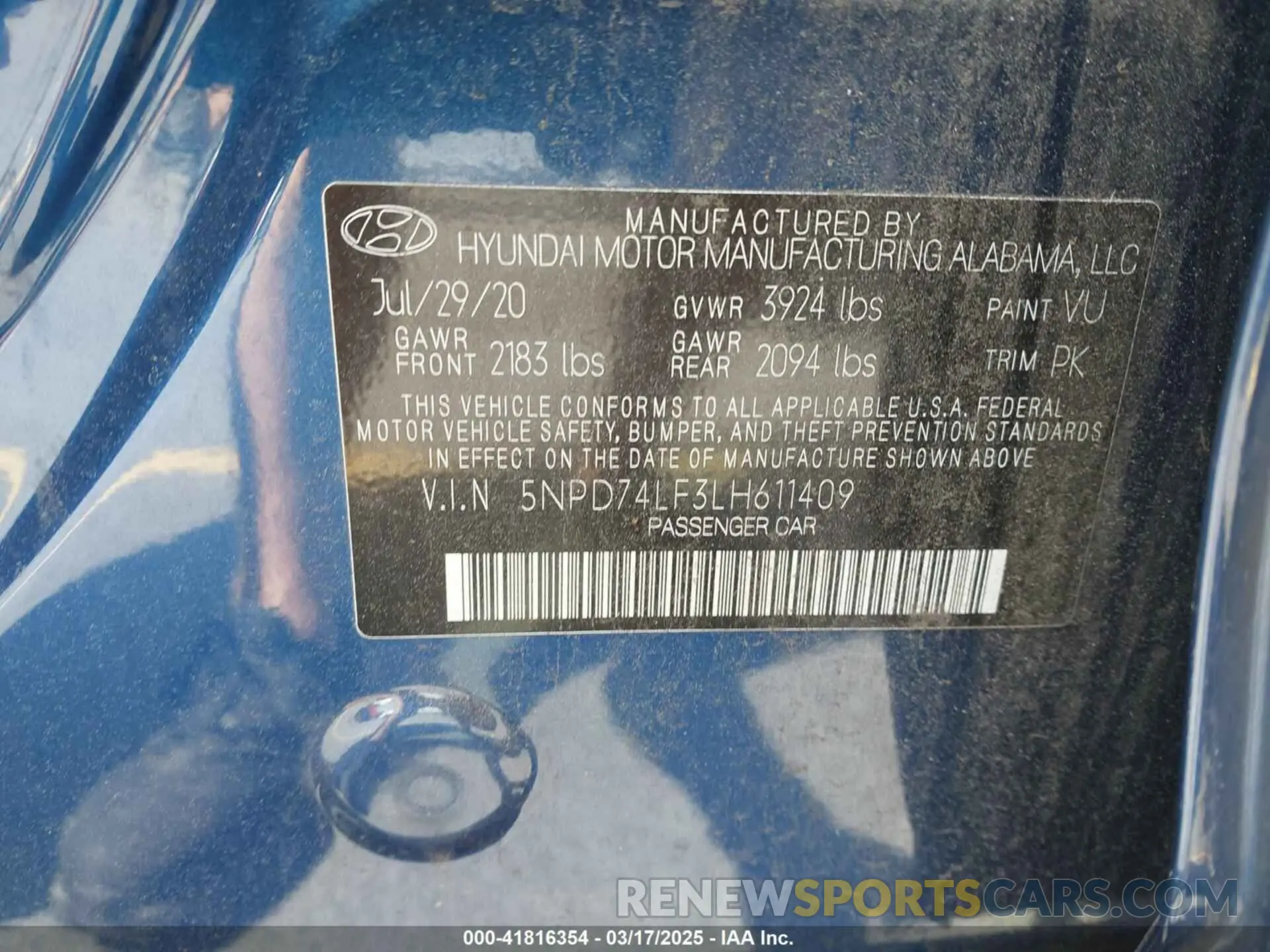 9 fotografías del automóvil dañado 5NPD74LF3LH611409 HYUNDAI ELANTRA 2020