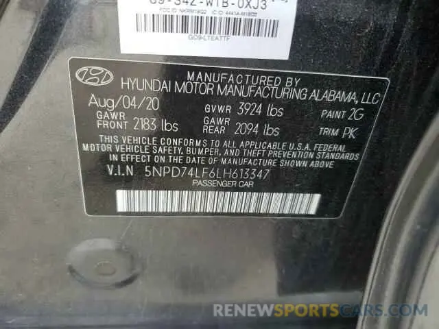 12 fotografías del automóvil dañado 5NPD74LF6LH613347 HYUNDAI ELANTRA 2020