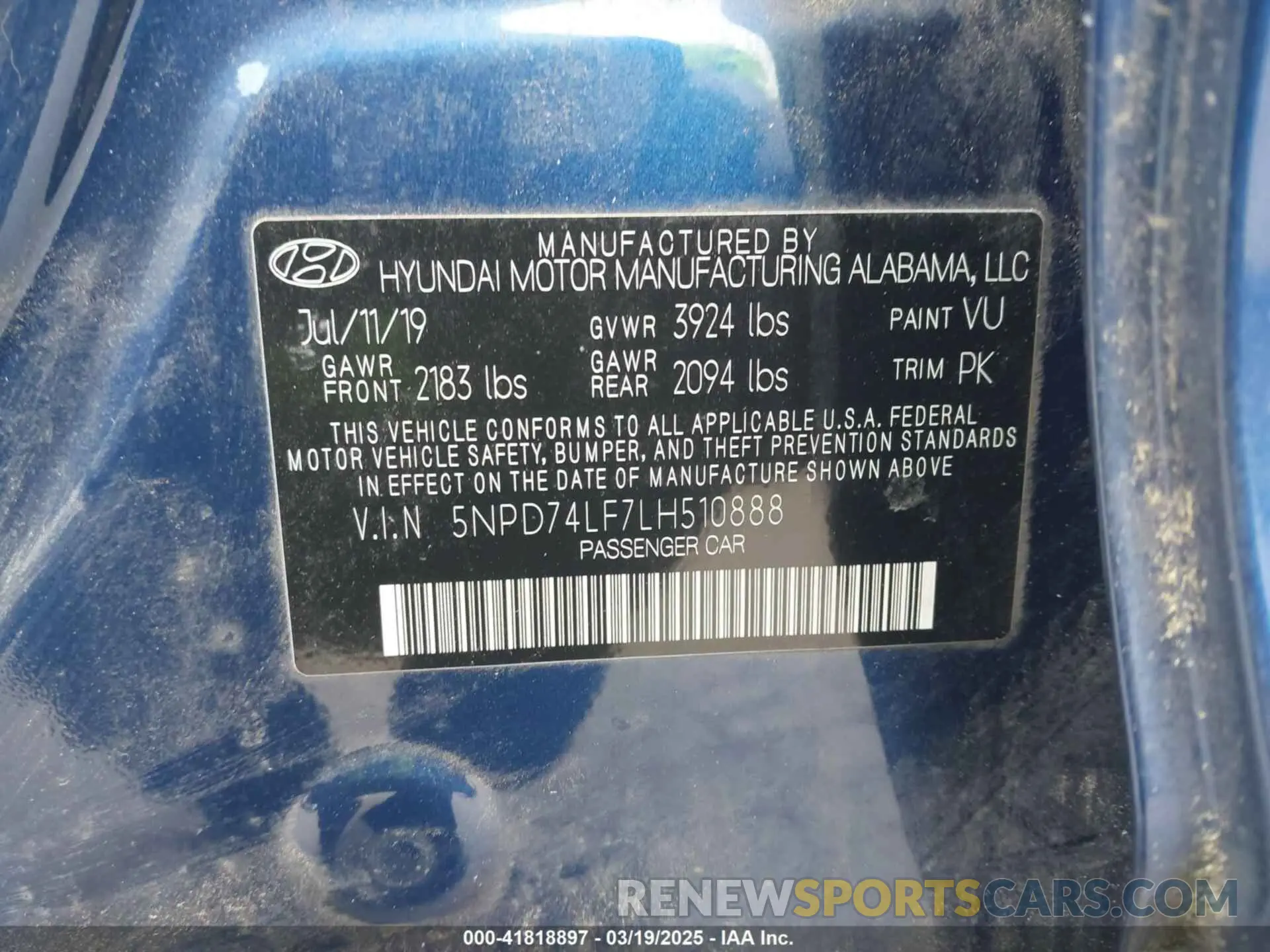 9 fotografías del automóvil dañado 5NPD74LF7LH510888 HYUNDAI ELANTRA 2020