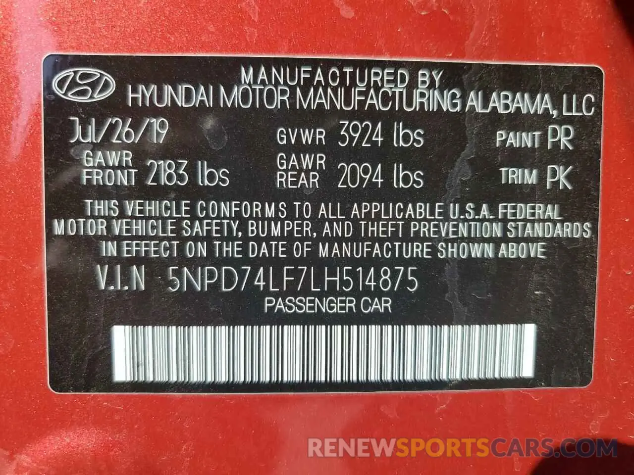 15 fotografías del automóvil dañado 5NPD74LF7LH514875 HYUNDAI ELANTRA 2020