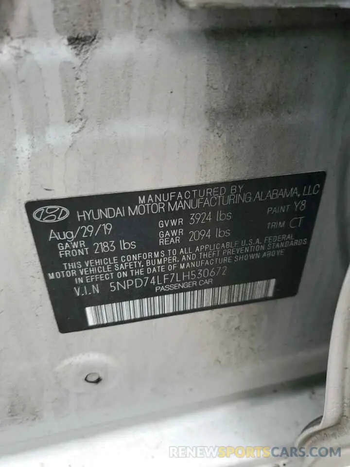 12 fotografías del automóvil dañado 5NPD74LF7LH530672 HYUNDAI ELANTRA 2020