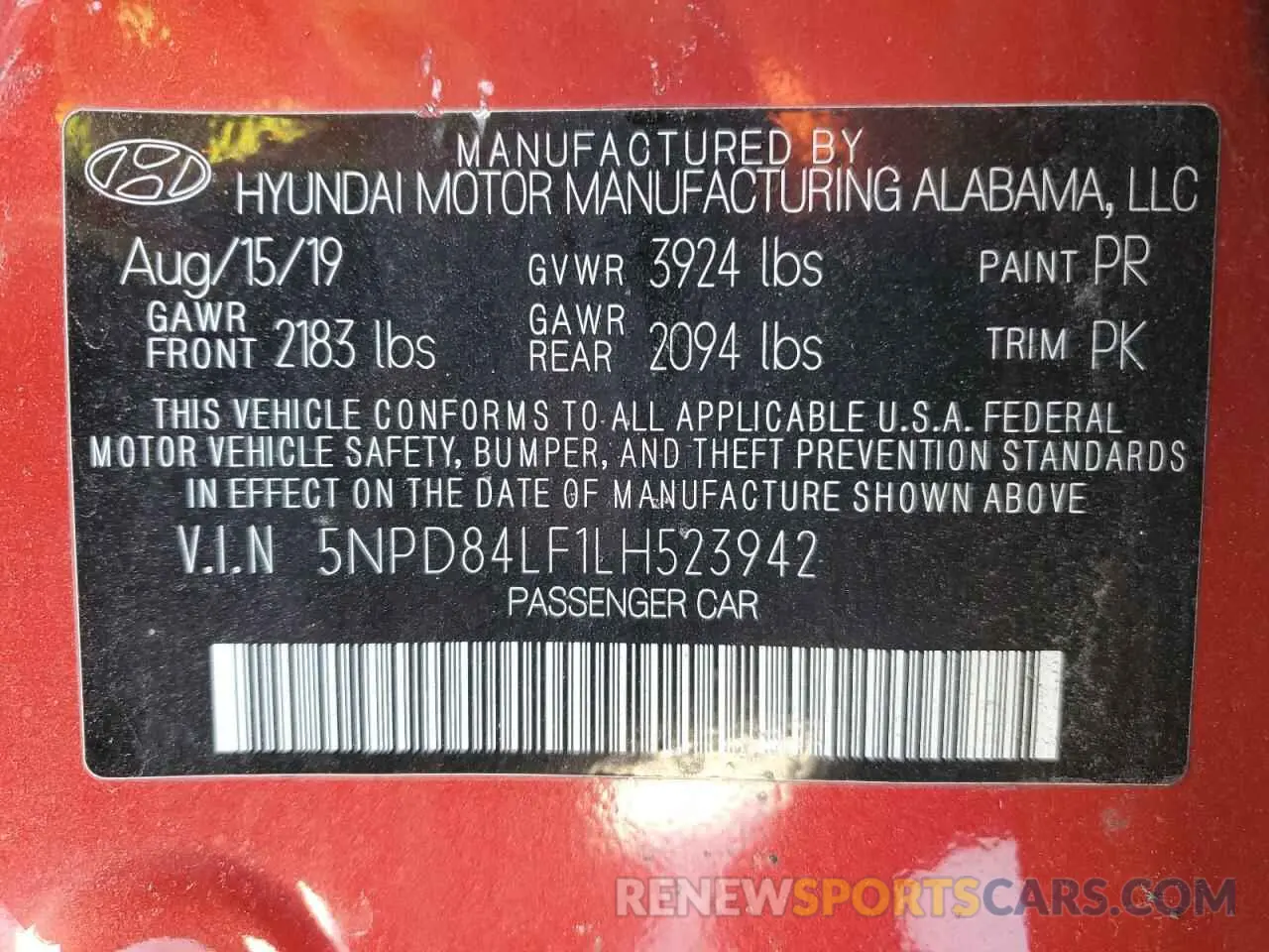 12 fotografías del automóvil dañado 5NPD84LF1LH523942 HYUNDAI ELANTRA 2020