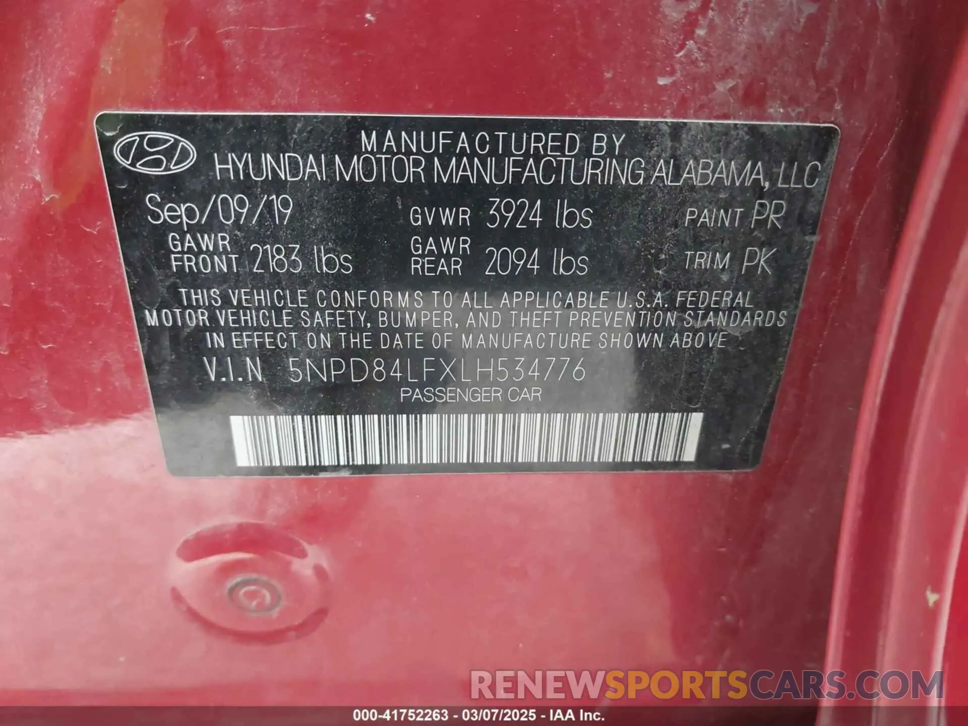 9 fotografías del automóvil dañado 5NPD84LFXLH534776 HYUNDAI ELANTRA 2020