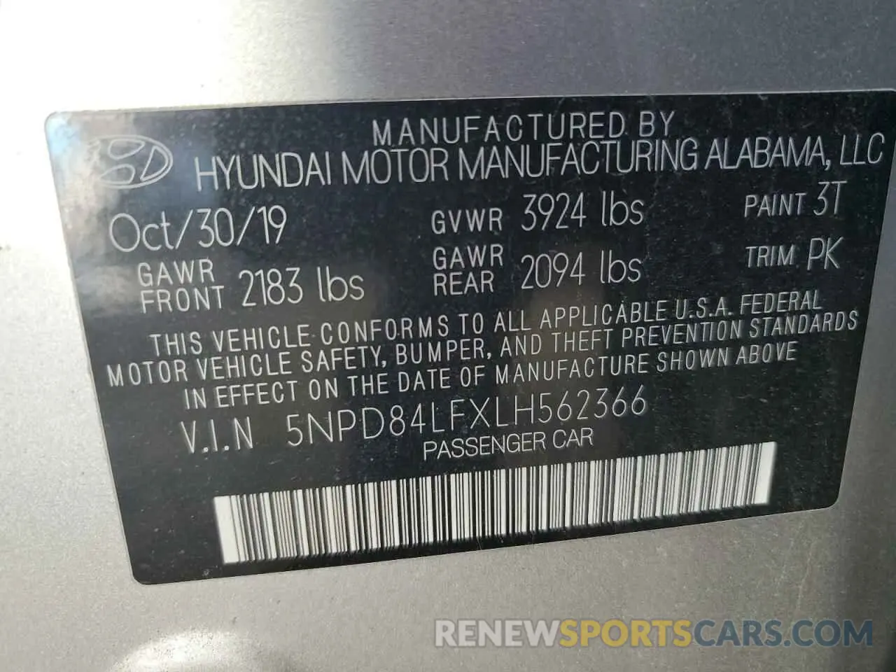 12 fotografías del automóvil dañado 5NPD84LFXLH562366 HYUNDAI ELANTRA 2020