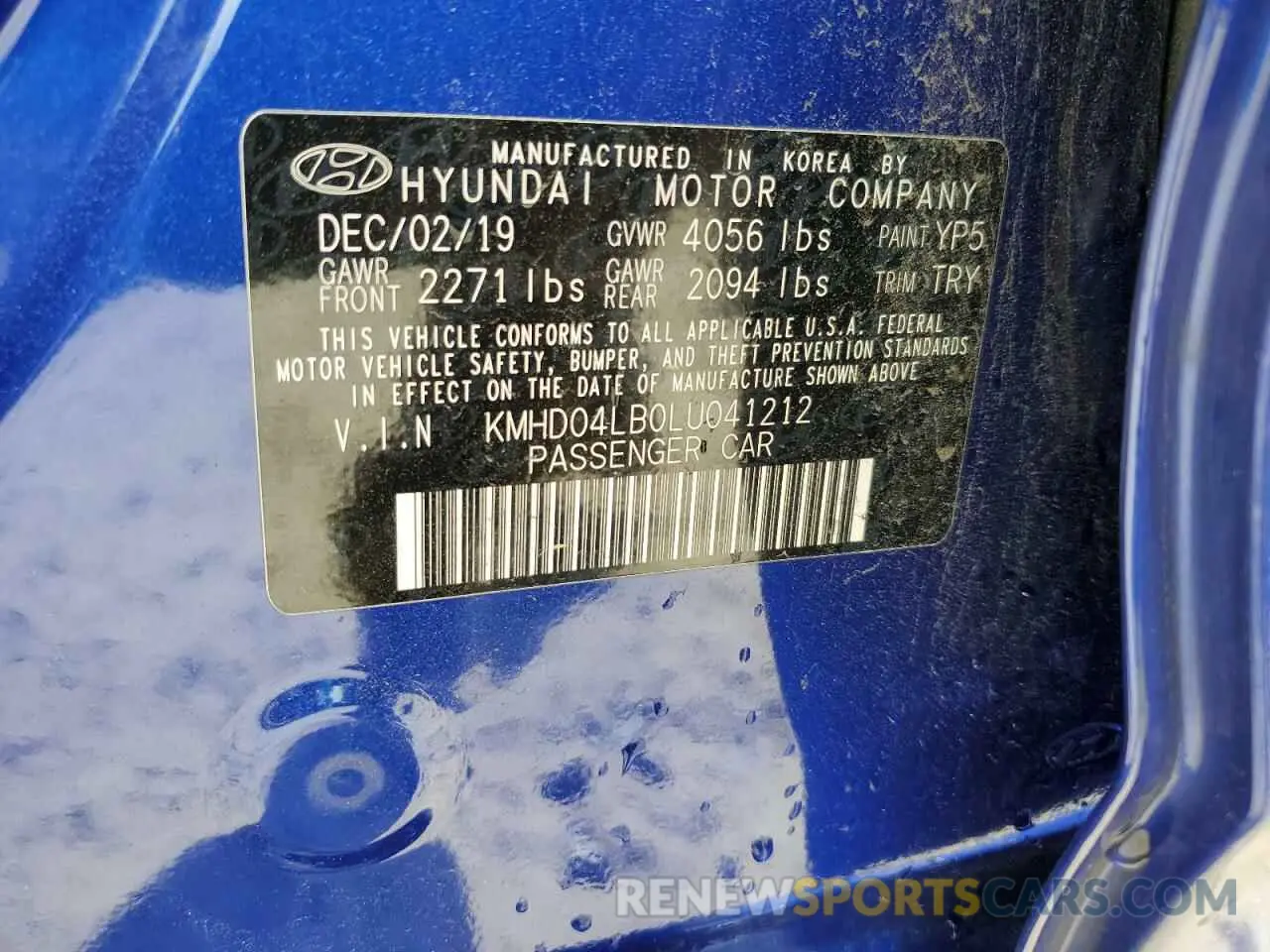 12 fotografías del automóvil dañado KMHD04LB0LU041212 HYUNDAI ELANTRA 2020