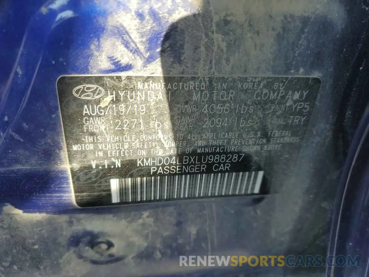 12 fotografías del automóvil dañado KMHD04LBXLU988287 HYUNDAI ELANTRA 2020