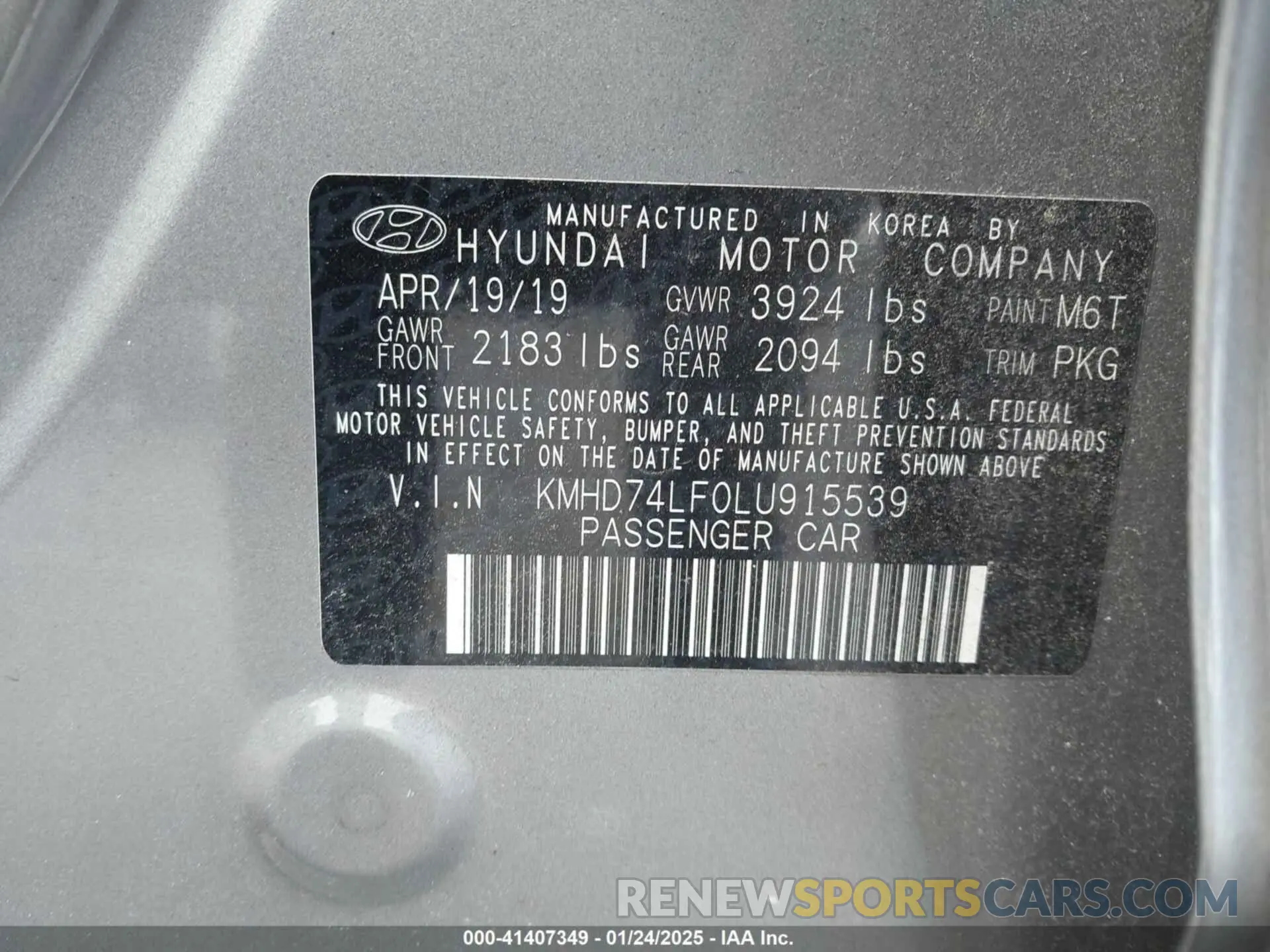 9 fotografías del automóvil dañado KMHD74LF0LU915539 HYUNDAI ELANTRA 2020