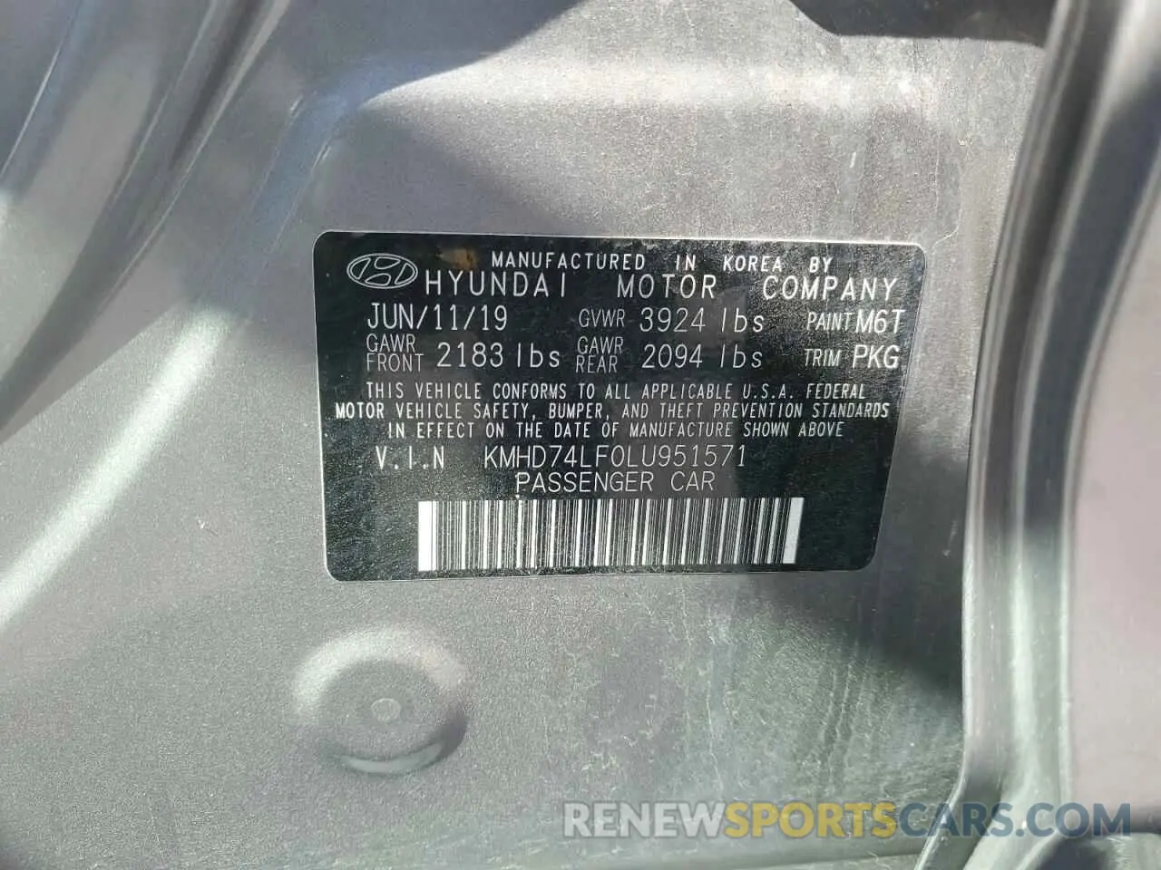 12 fotografías del automóvil dañado KMHD74LF0LU951571 HYUNDAI ELANTRA 2020