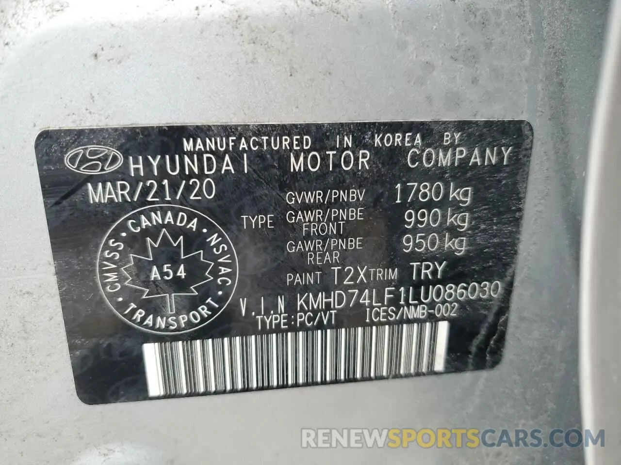12 fotografías del automóvil dañado KMHD74LF1LU086030 HYUNDAI ELANTRA 2020