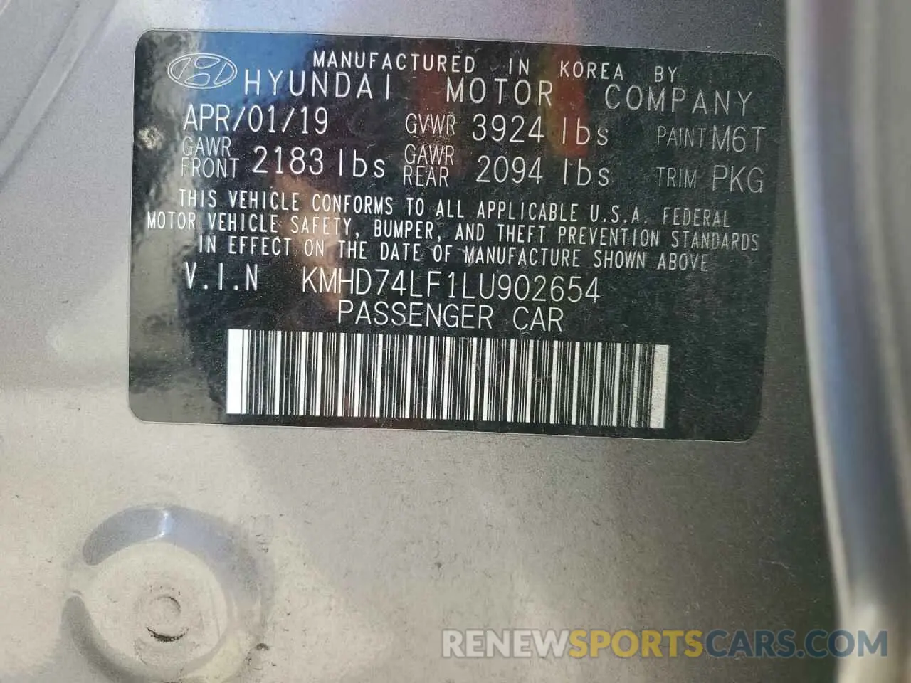 12 fotografías del automóvil dañado KMHD74LF1LU902654 HYUNDAI ELANTRA 2020