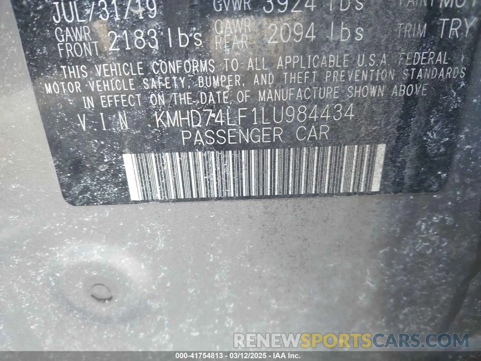 9 fotografías del automóvil dañado KMHD74LF1LU984434 HYUNDAI ELANTRA 2020