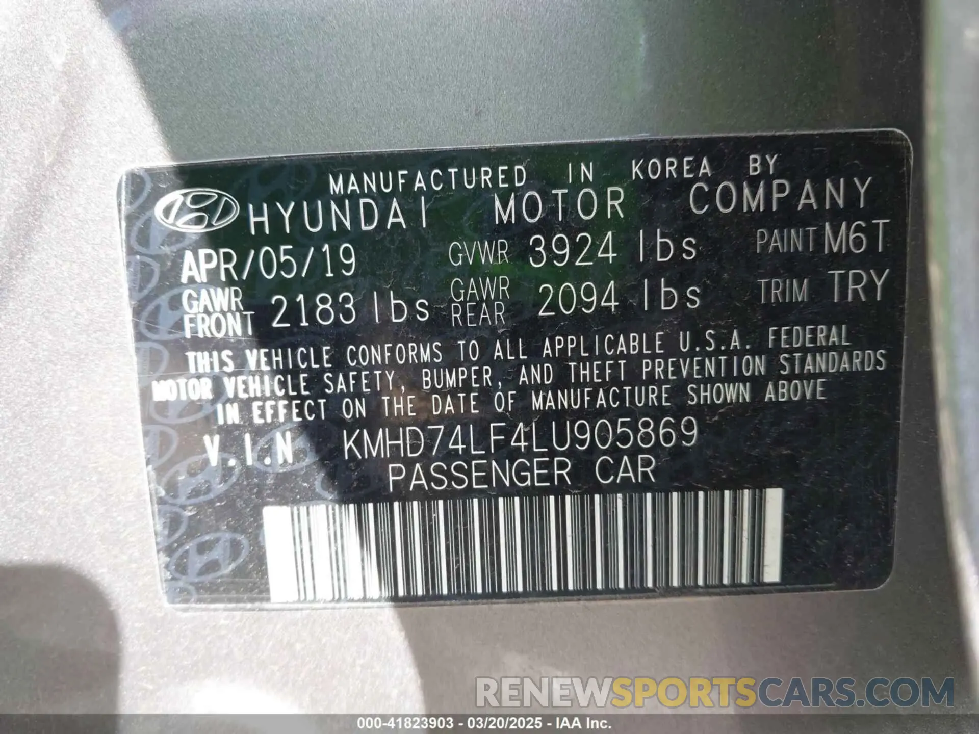 9 fotografías del automóvil dañado KMHD74LF4LU905869 HYUNDAI ELANTRA 2020