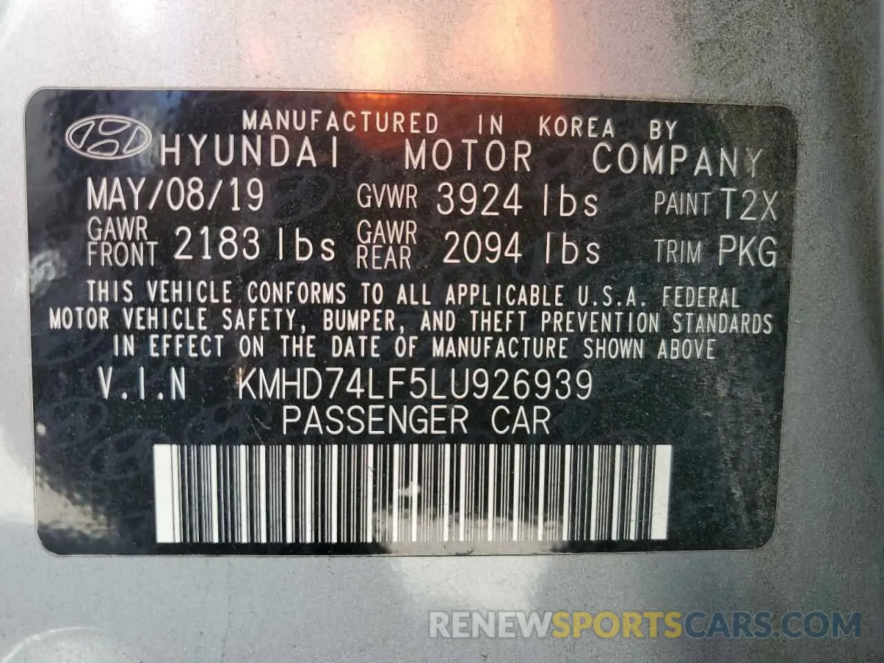 12 fotografías del automóvil dañado KMHD74LF5LU926939 HYUNDAI ELANTRA 2020