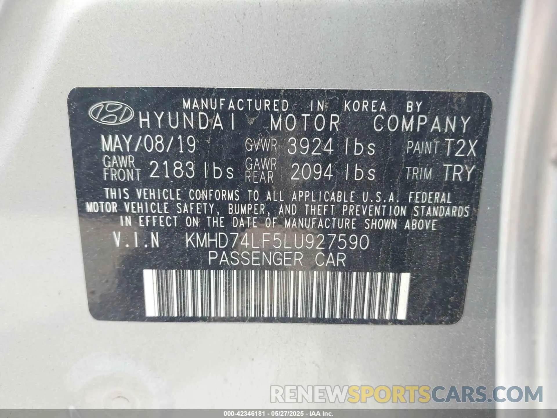 9 fotografías del automóvil dañado KMHD74LF5LU927590 HYUNDAI ELANTRA 2020