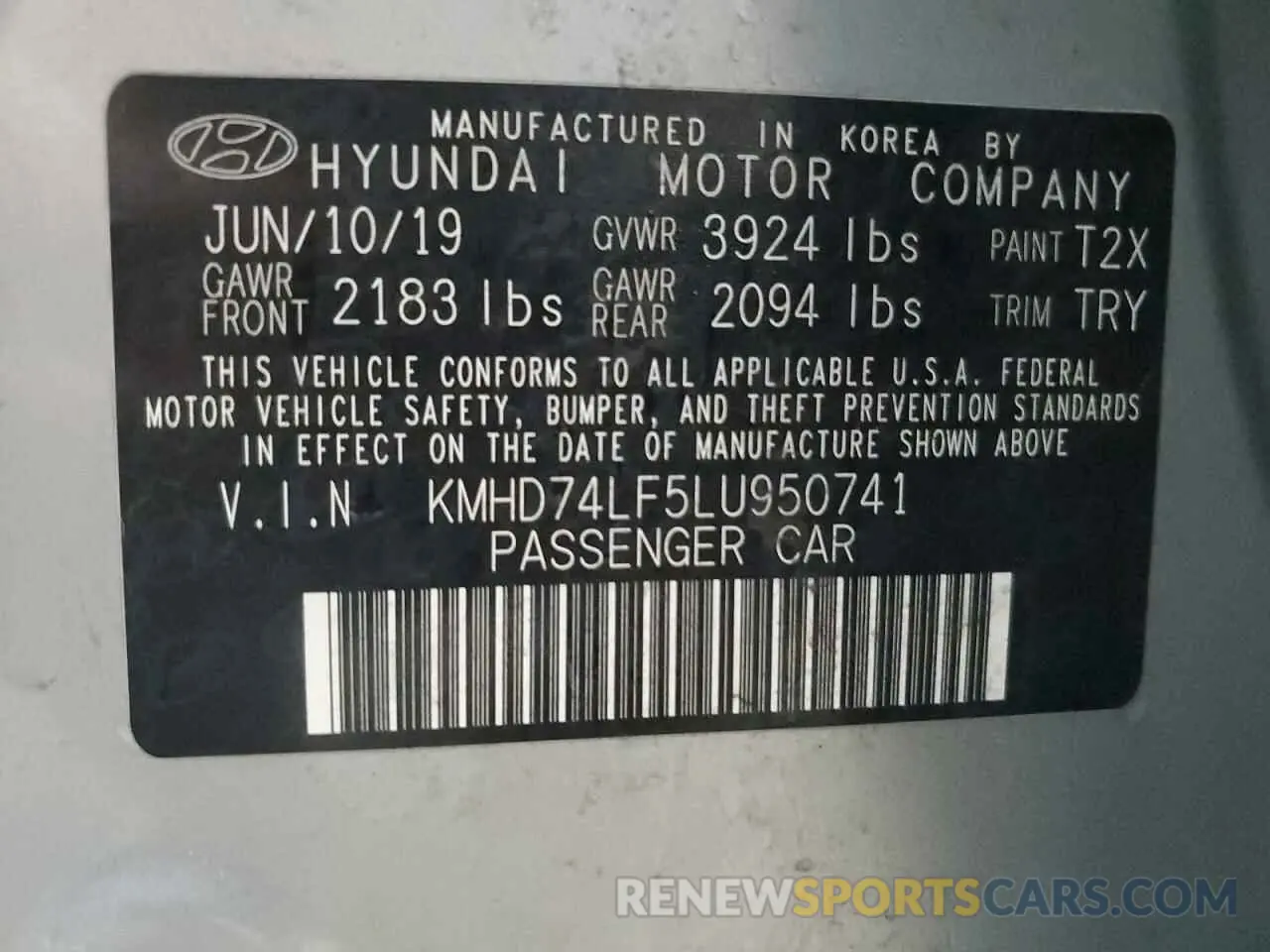 12 fotografías del automóvil dañado KMHD74LF5LU950741 HYUNDAI ELANTRA 2020