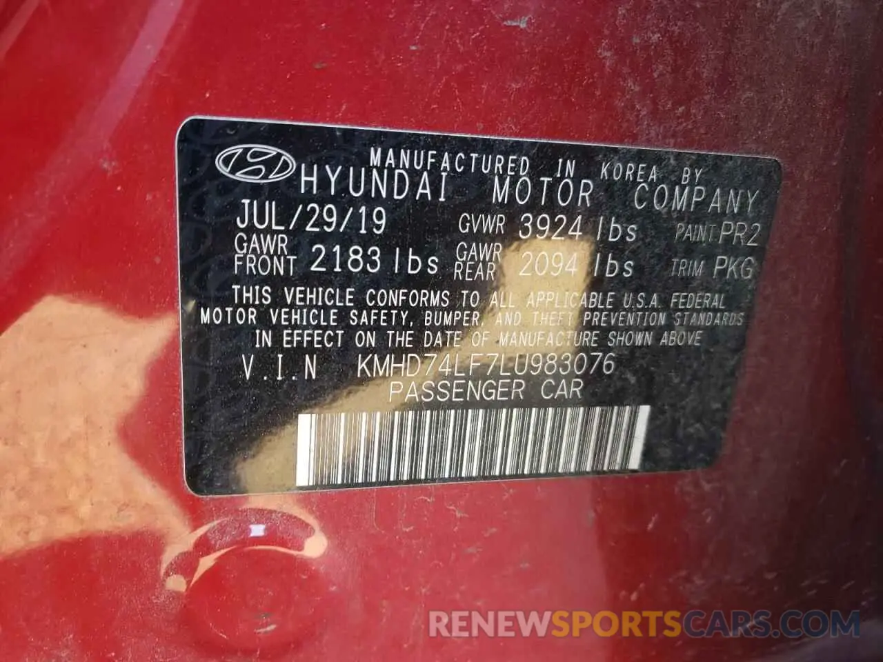15 fotografías del automóvil dañado KMHD74LF7LU983076 HYUNDAI ELANTRA 2020